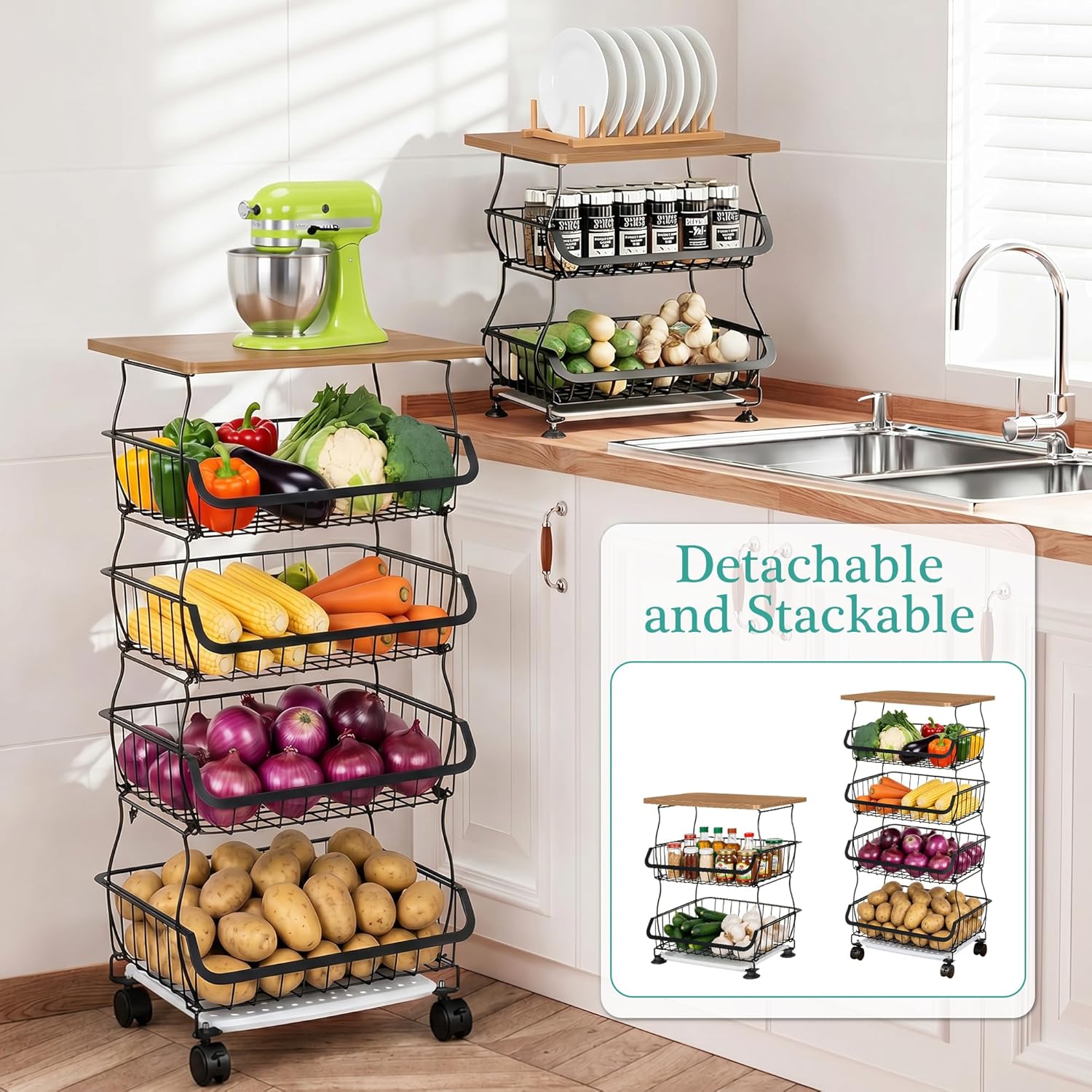 VECELO 4-Tier Fruit Basket with Wheels