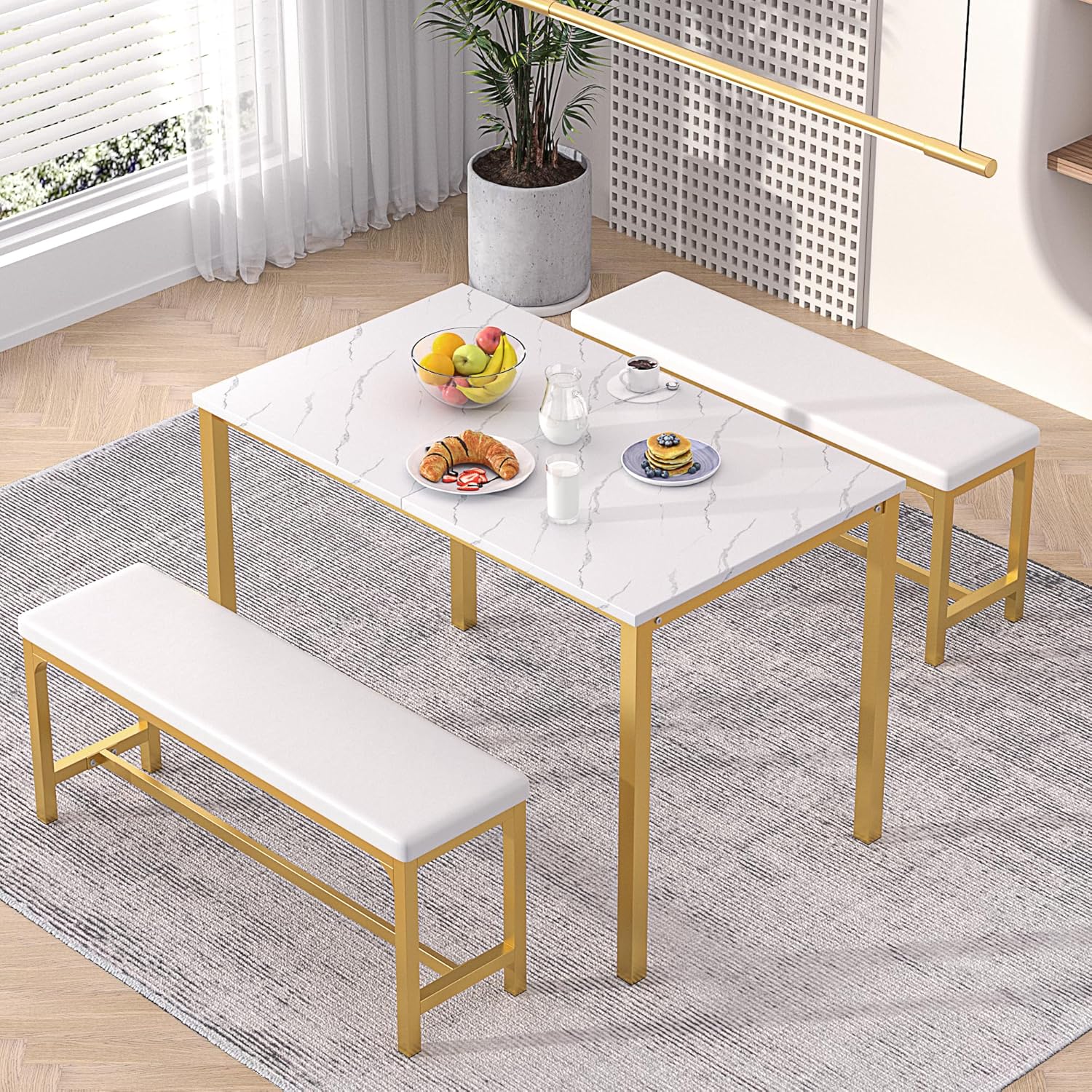 VECELO 3-Piece 63" Extendable Kitchen Table with Benches/Chairs - VECELO