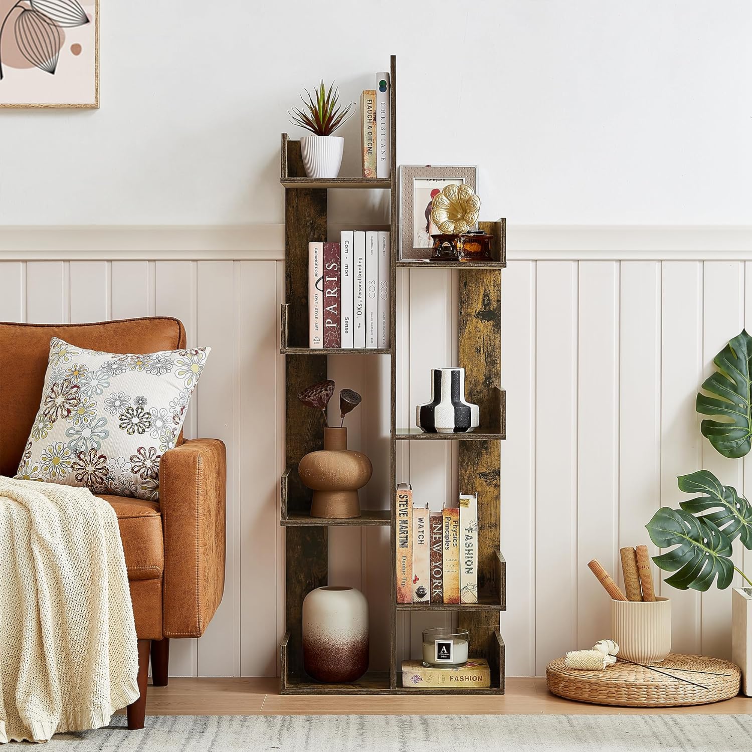 VECELO Tree Bookshelf, Geometric 8 Shelf Tree Bookcase Wood Bookshelves Display