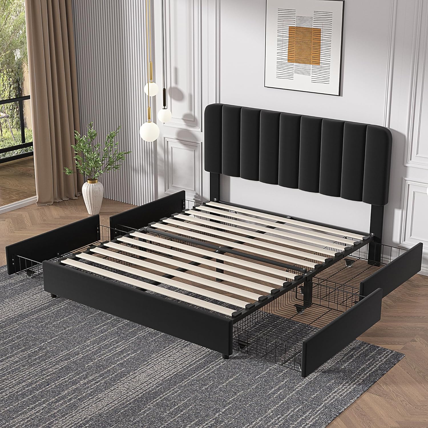 VECELO Upholstered Bed Frame with 4 Drawers and Adjustable Headboard