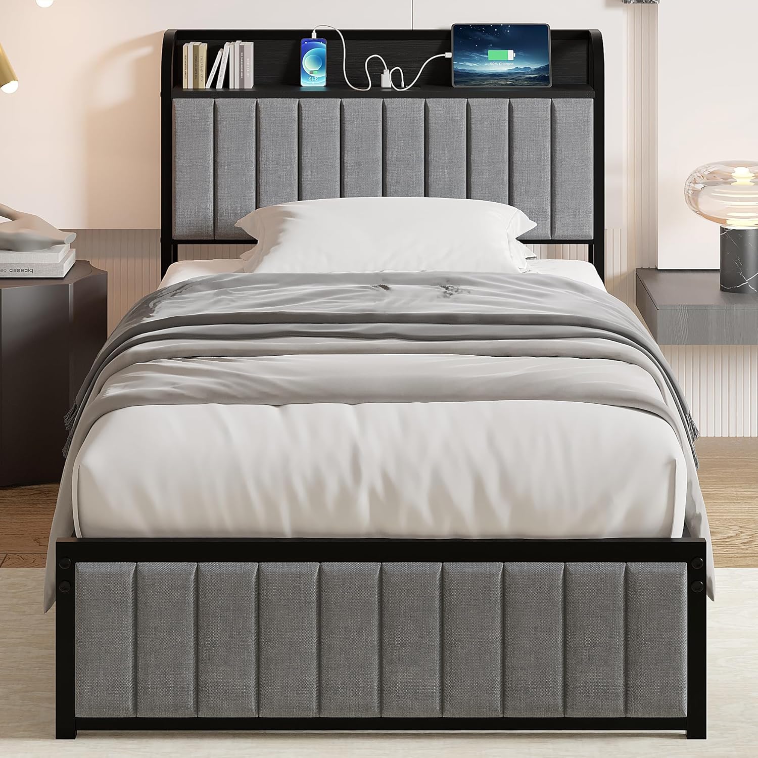 VECELO Twin Bed Frame, Storage Upholstered Headboard with Charging Station