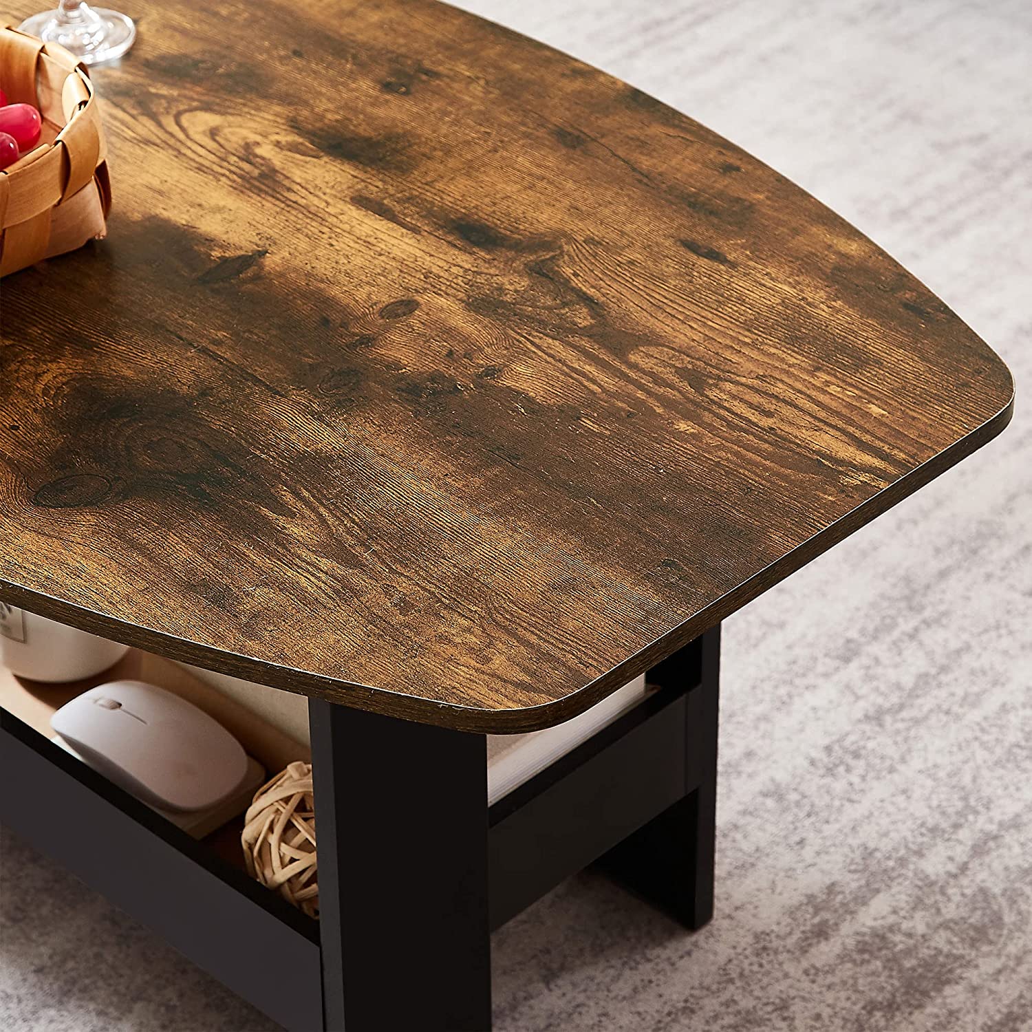 VECELO Coffee Table for Living Room with Storage Compartment Shelf, Rustic Brown