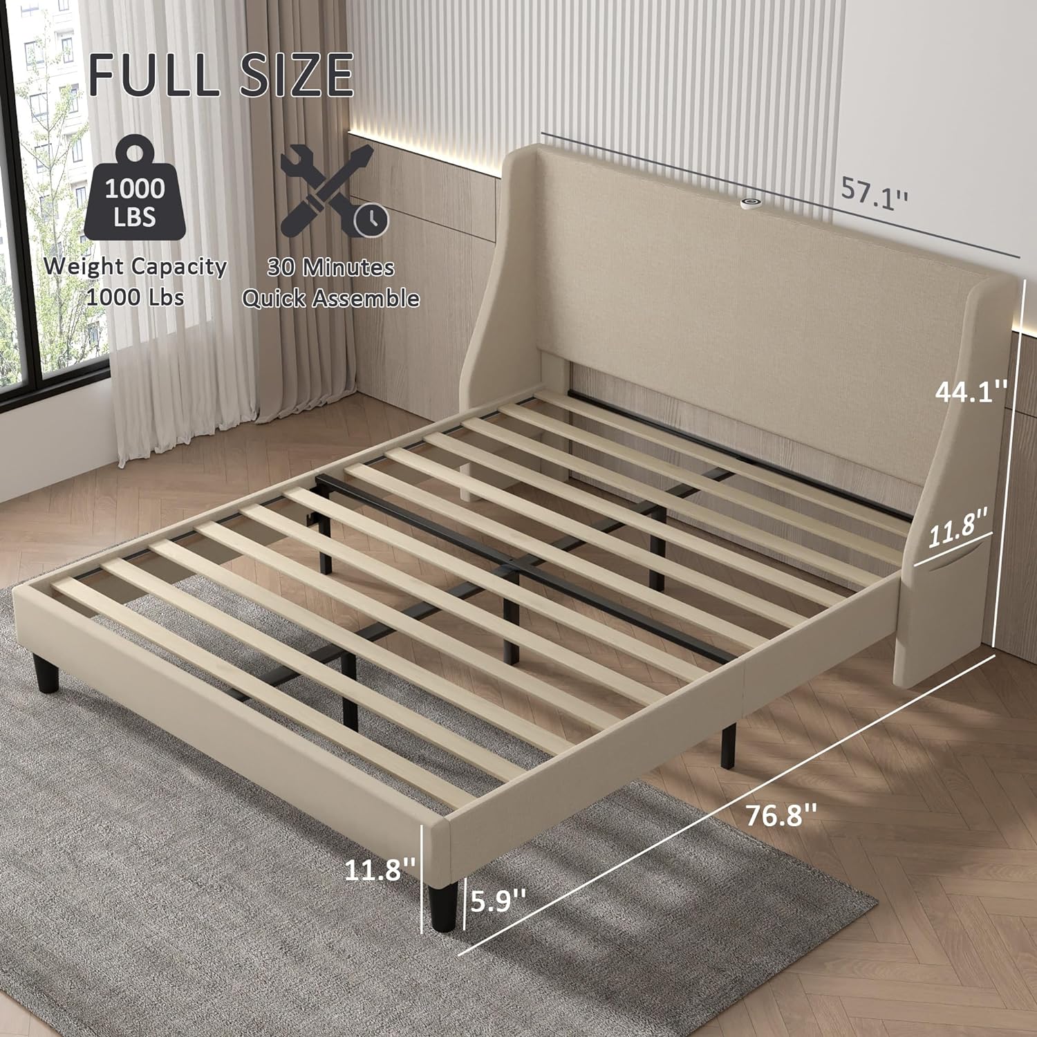 VECELO Bed Frame with Upholstered Wingback Headboard - VECELO