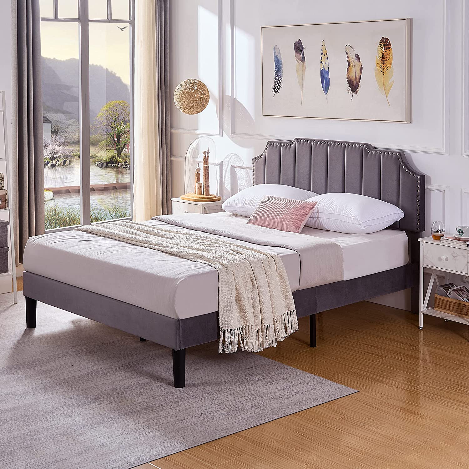 Upholstered Platform Bed Frame with Tufted Adjustable Headboard