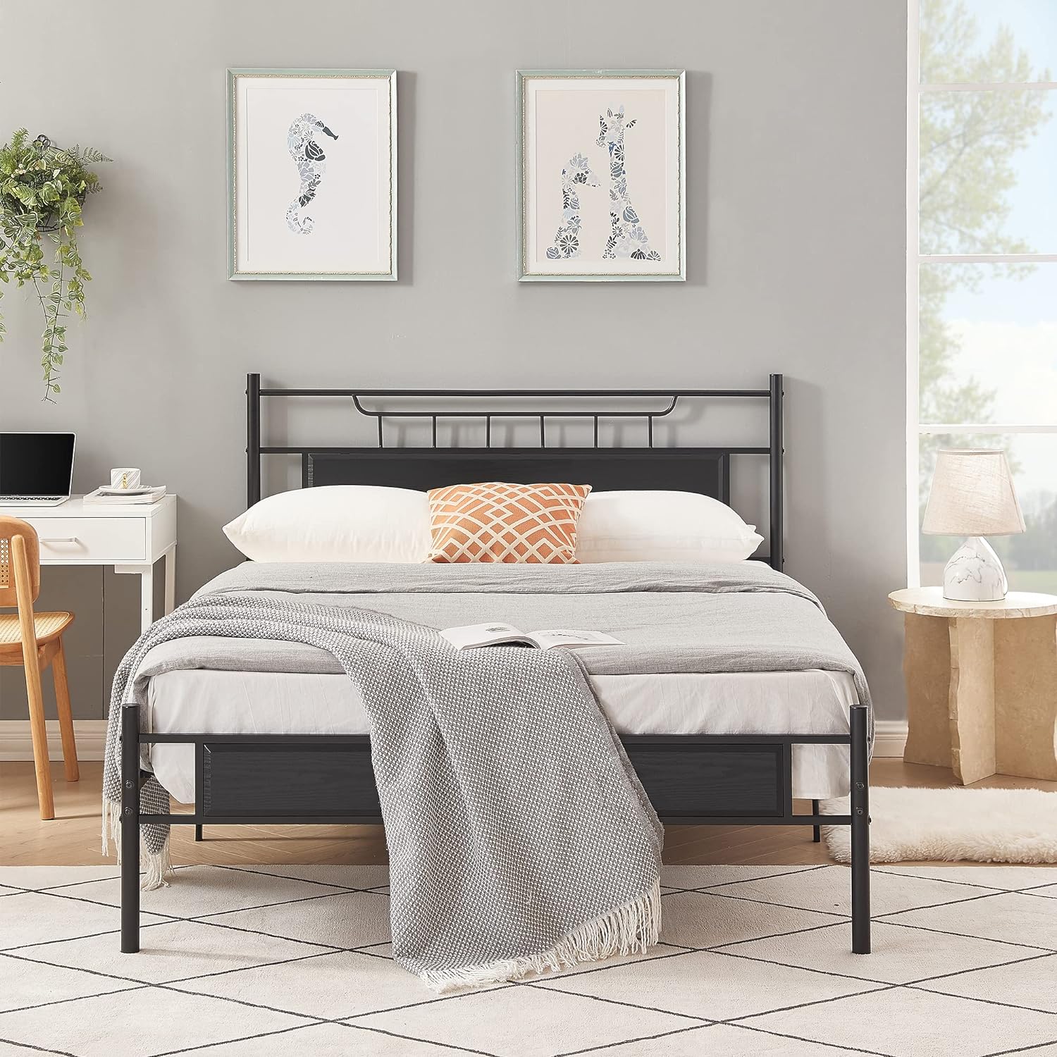 VECELO Platform Bed Frame with Wood Headboard No Box Spring Needed Heavy Duty Steel Slat