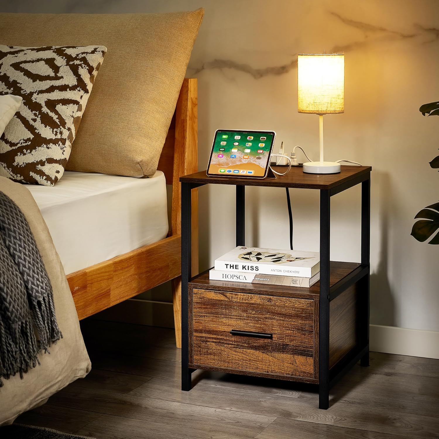 VECELO Nightstand with Charging Station and USB Ports End/Side Table with Storage Drawer
