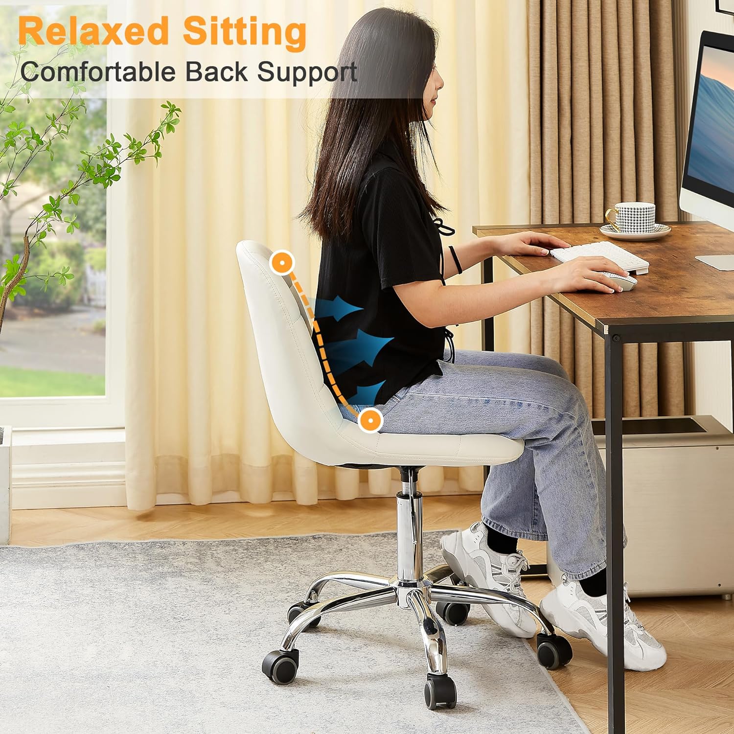 VECELO Modern Armless Home Office Desk Chair, Height Adjustable, PU Leather 360 Degree Swivel with Wheels