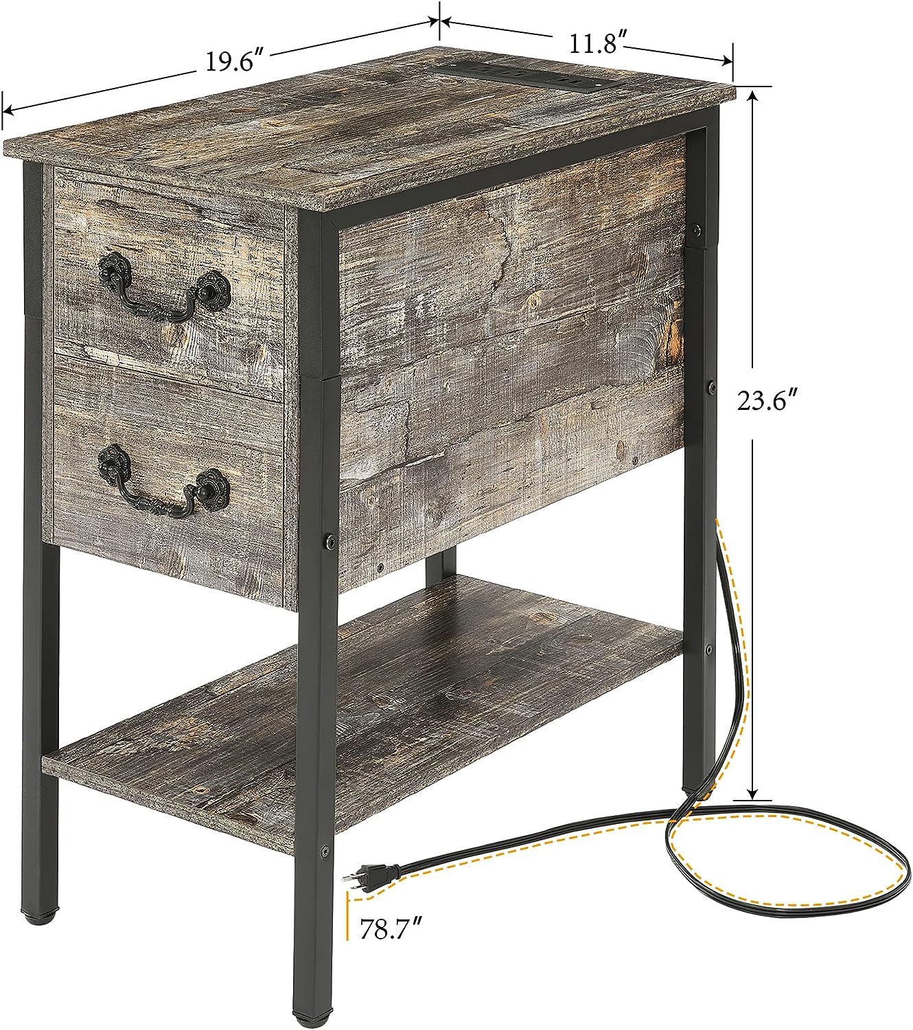 VECELO Tall End Table with Charging Station, Narrow Nightstands with 2 Drawers & USB Ports & Power Outlets