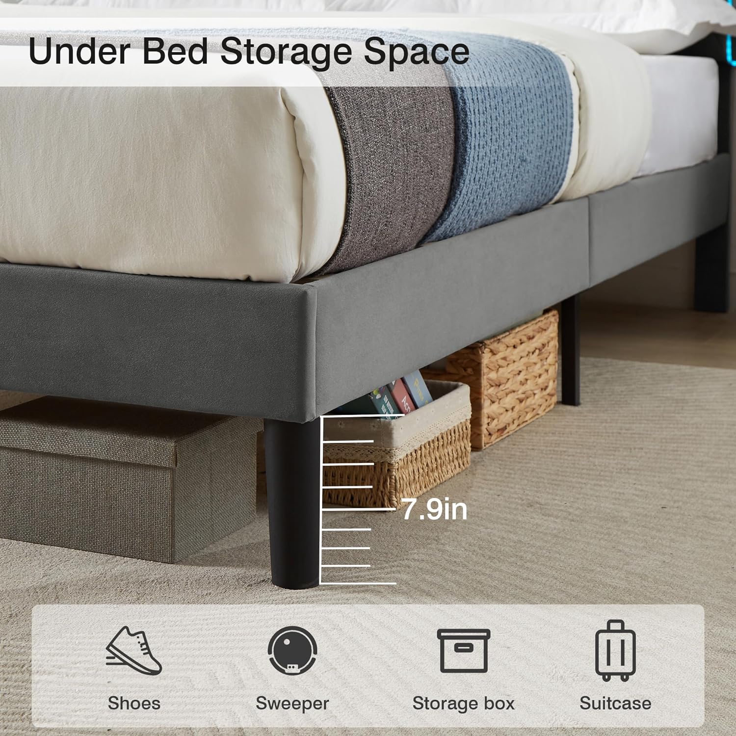 VECELO Upholstered Bed Frame with LED Lights, Charging Station, Velvet Platform Bed