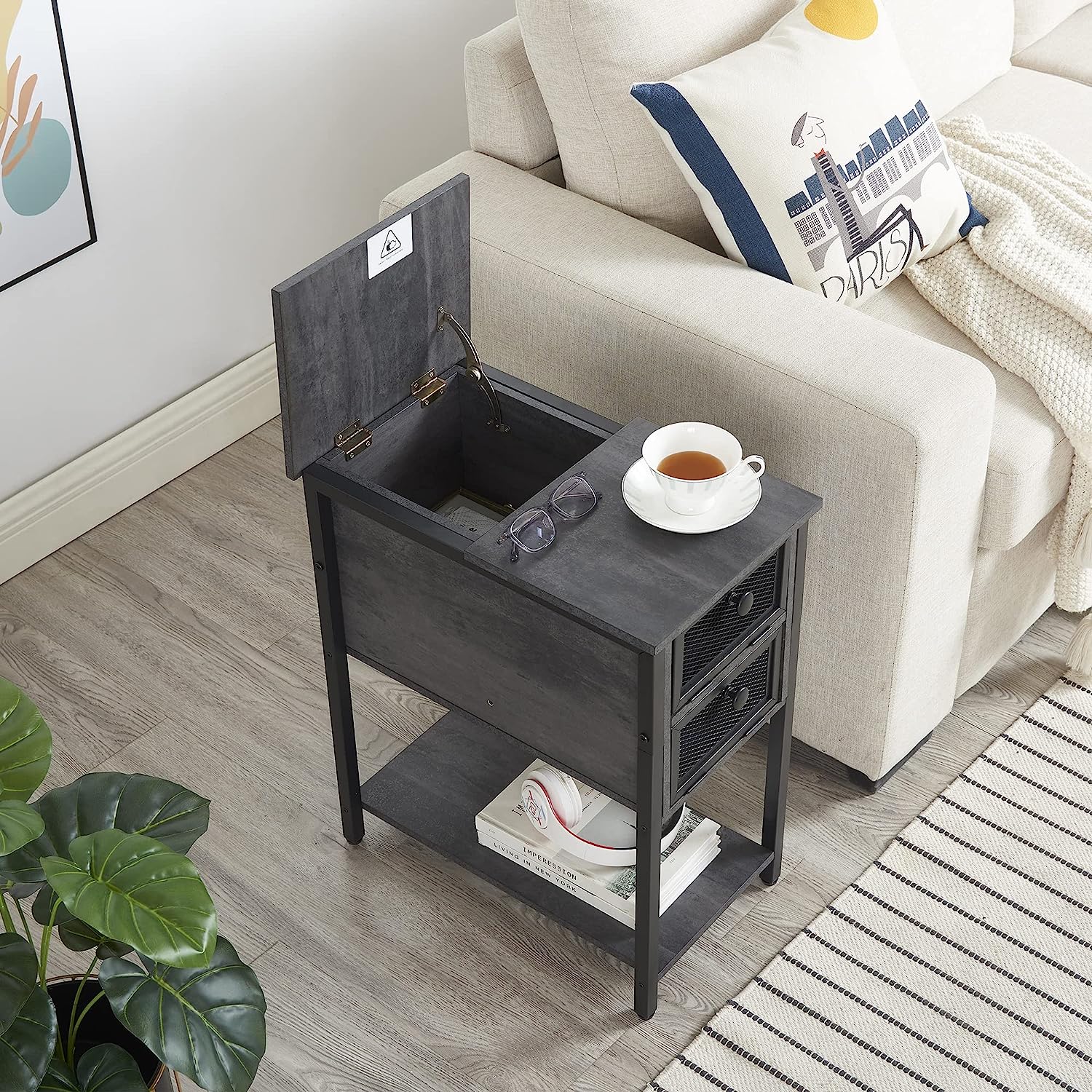 VECELO 24''Tall Flip Top Narrow Side Table with Storage Shelf for Living Room