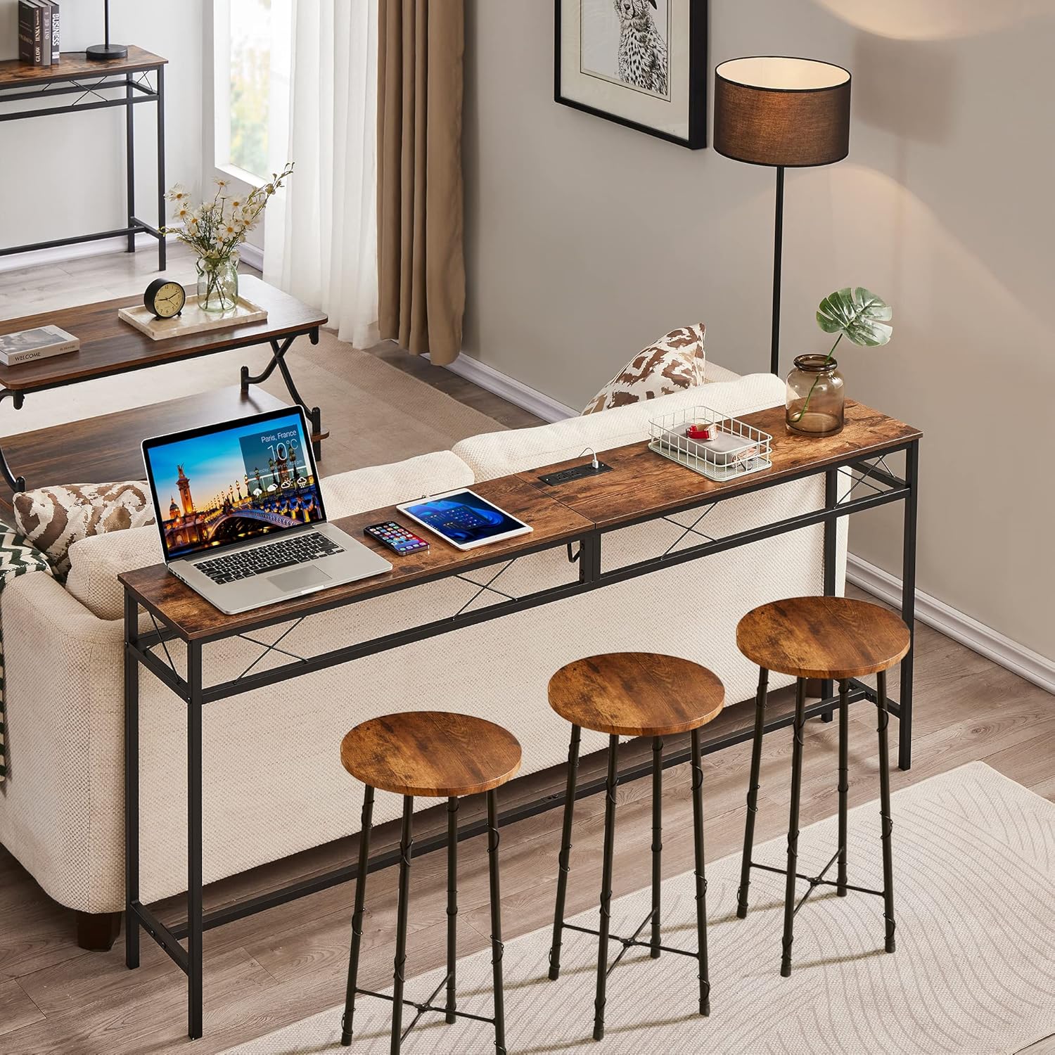 VECELO 11.8" Skinny Behind Sofa Console Table with Charging Station