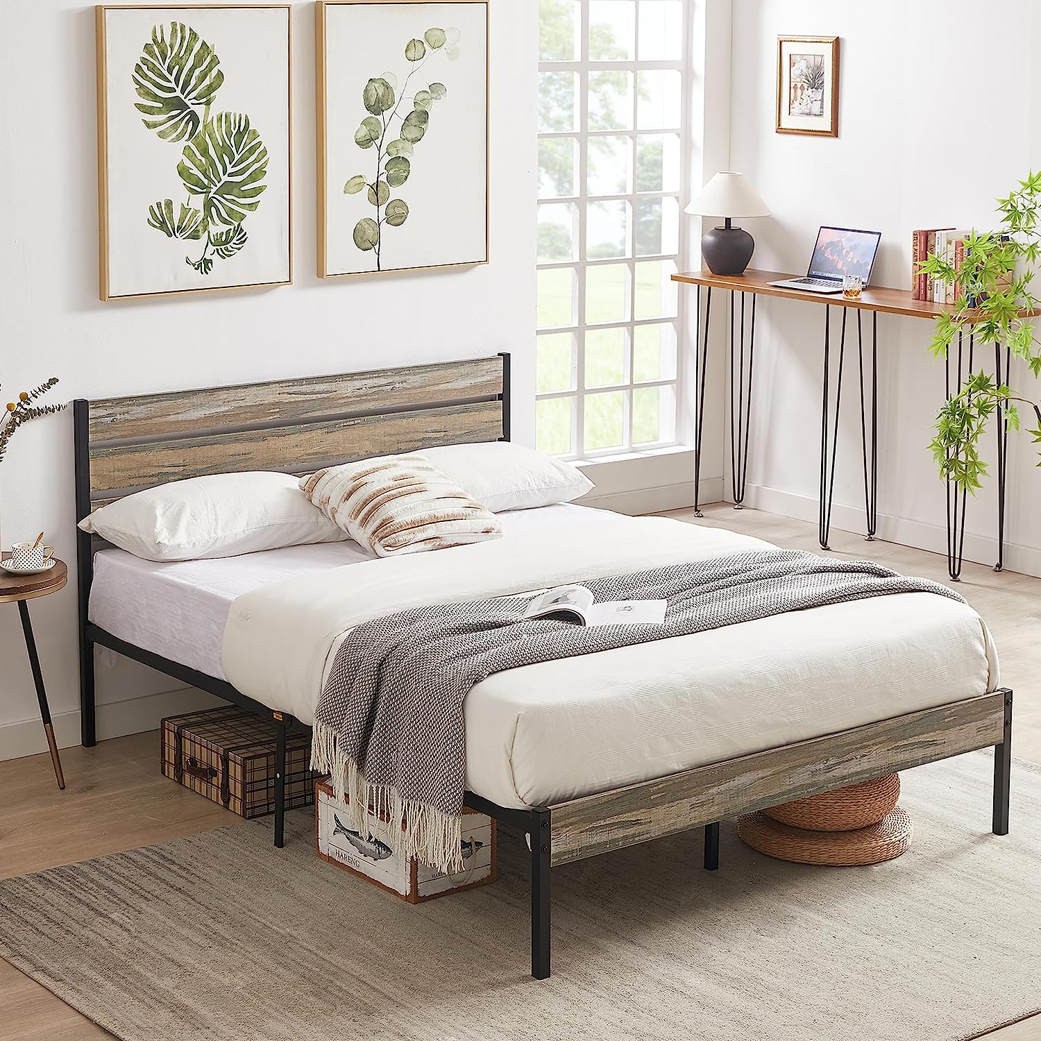 VECELO Platform Bed Frame with Rustic Vintage Wood Headboard/Strong Metal Slats Support