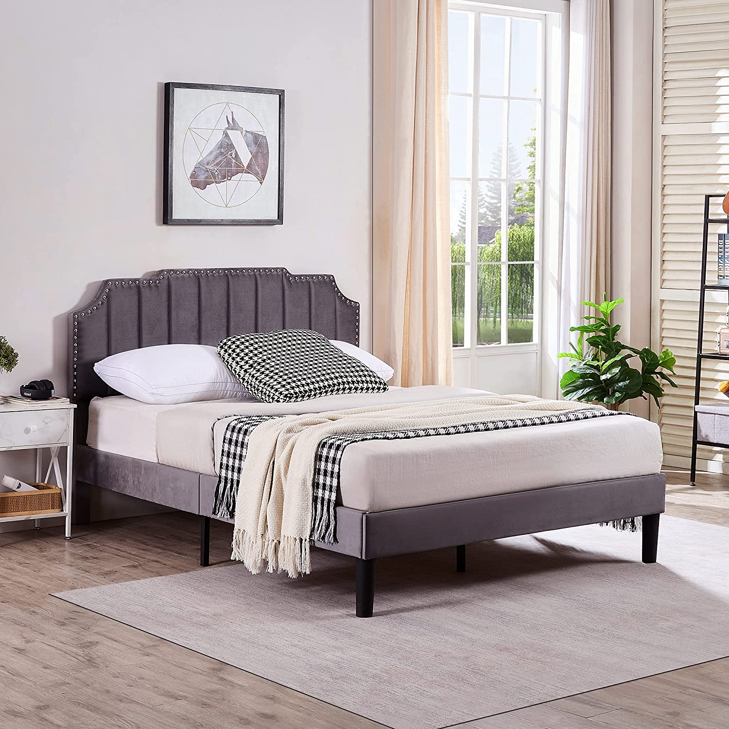 Upholstered Platform Bed Frame with Tufted Adjustable Headboard