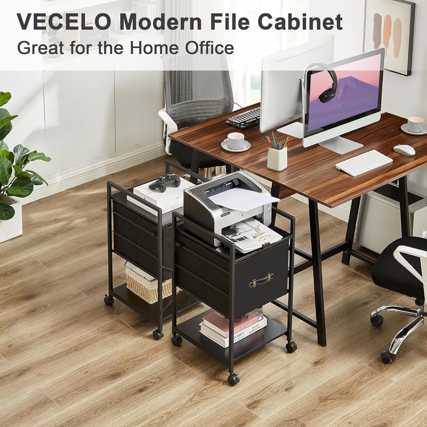 VECELO Mobile Vertical Filing Cabinet, Rolling Printer Shelf with Handle