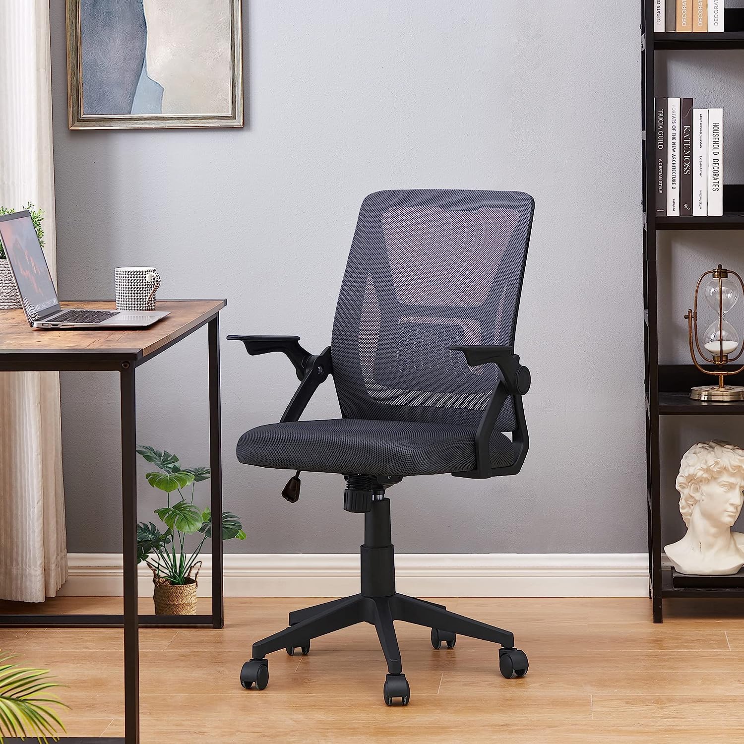 Home Office Chair Mesh Desk Chair Computer Chair with Lumbar Support Flip  Up Arms Ergonomic Chair Adjustable Swivel Rolling Executive Mid Back Task