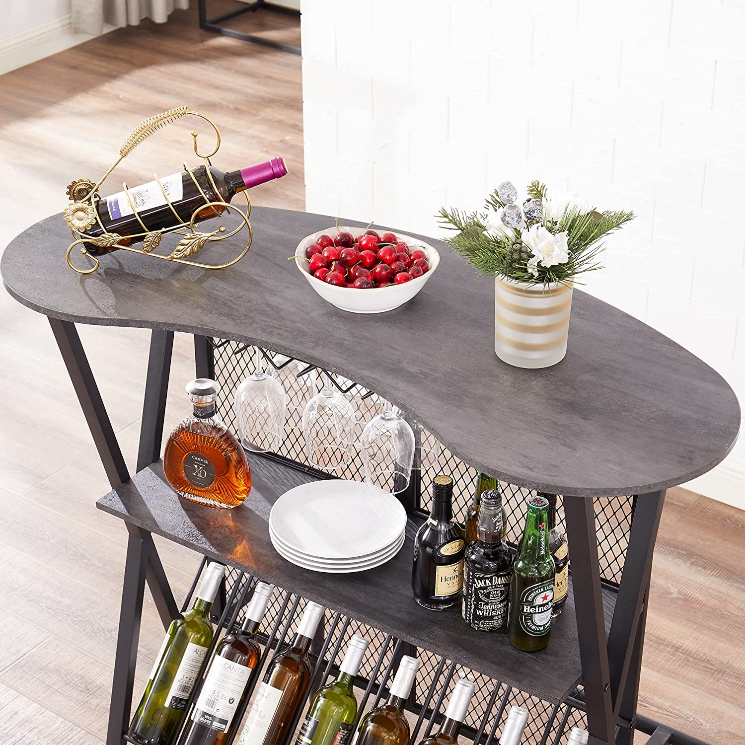 VECELO 3 Tier Oval Table Versatile Use Bar Cabinet with Open Storage Display Shelf and Footrail