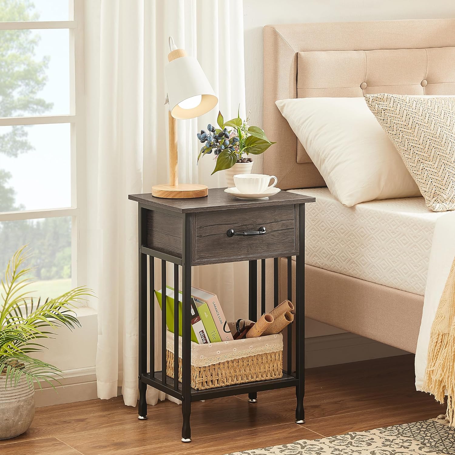 VECELO Industrial End Table,Nightstand with Drawer and Storage Shelf