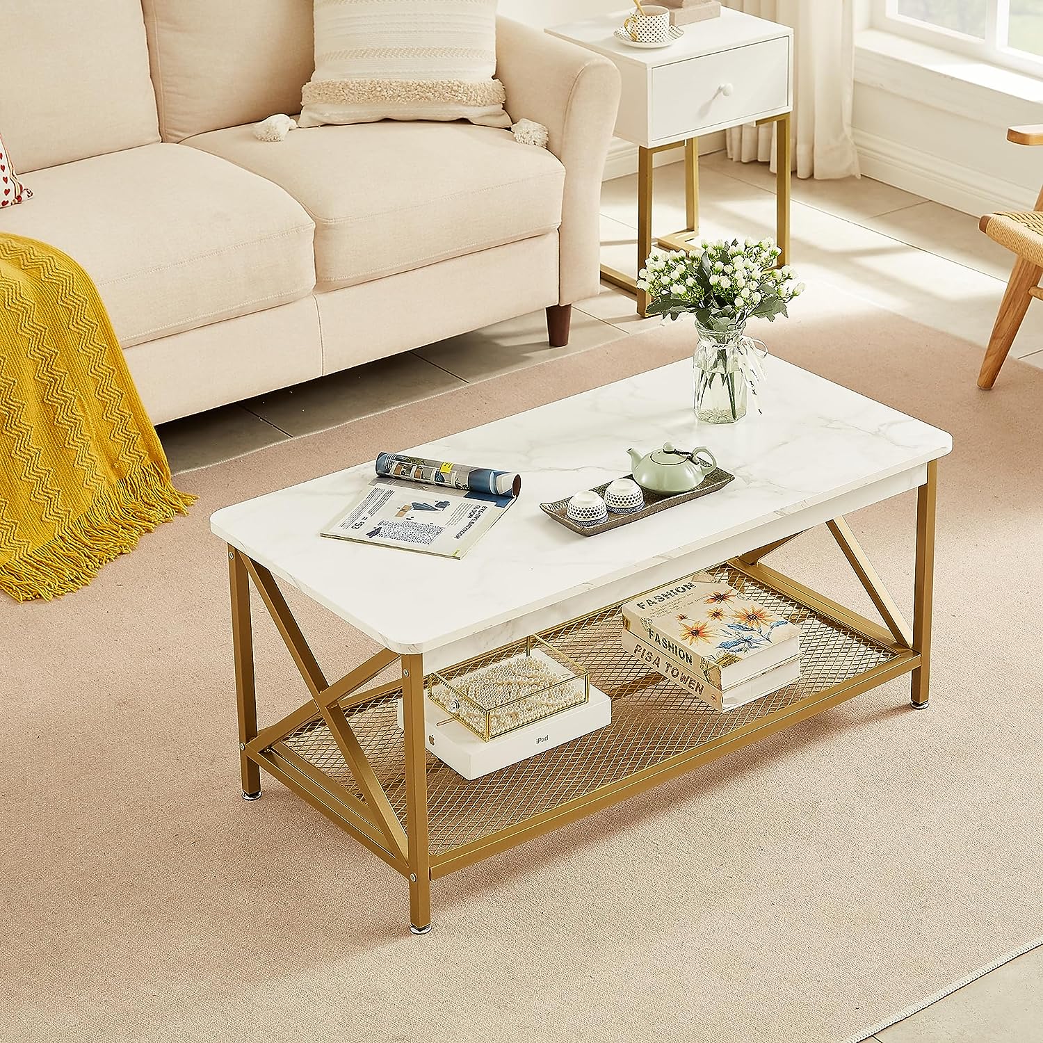 VECELO Coffee Table with Storage Shelf for Living Room 39.4 Inch, Simp