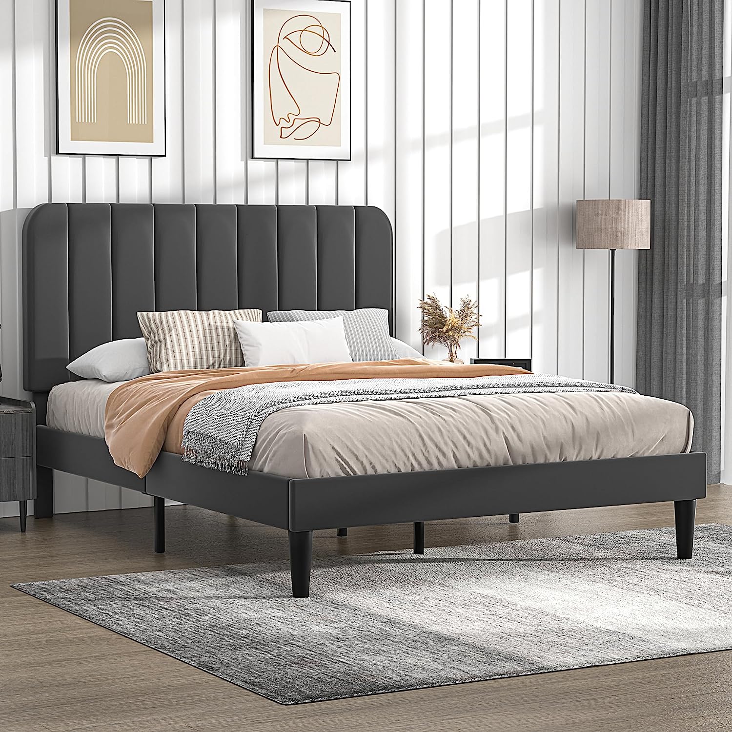 VECELO Upholstered Platform bedframe with Adjustable Headboard