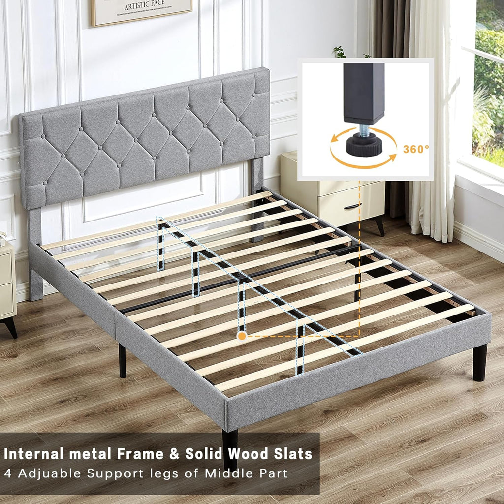 VECELO Bed Frame, Upholstered Platform with Adjustable Diamond Tufted