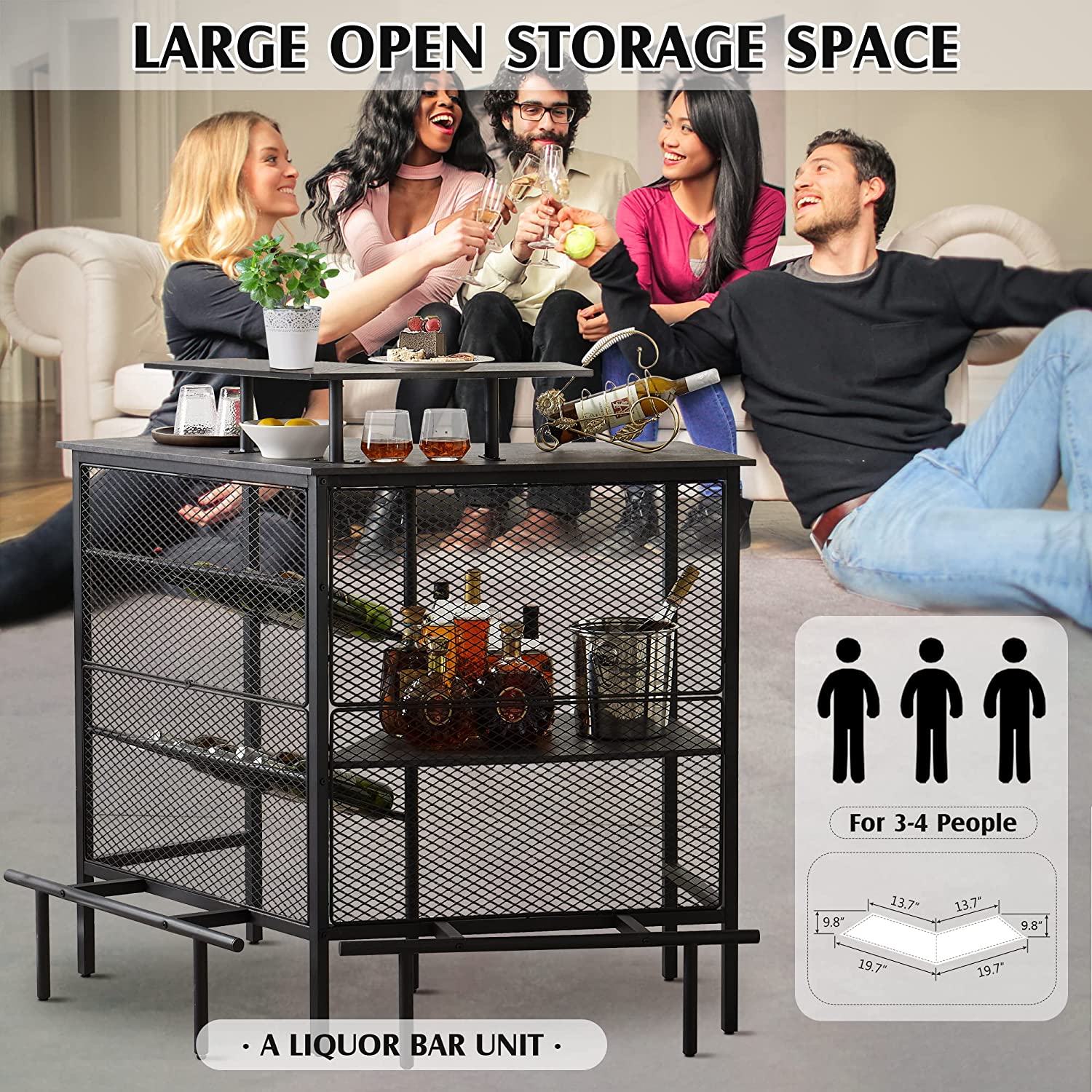 VECELO Bar Unit, 3 Tier Liquor Cabinet with Metal Mesh Front, 41.3 Inch Corner Stand Table with Footrest & Storage Shelves for Home/Kitchen/Pub