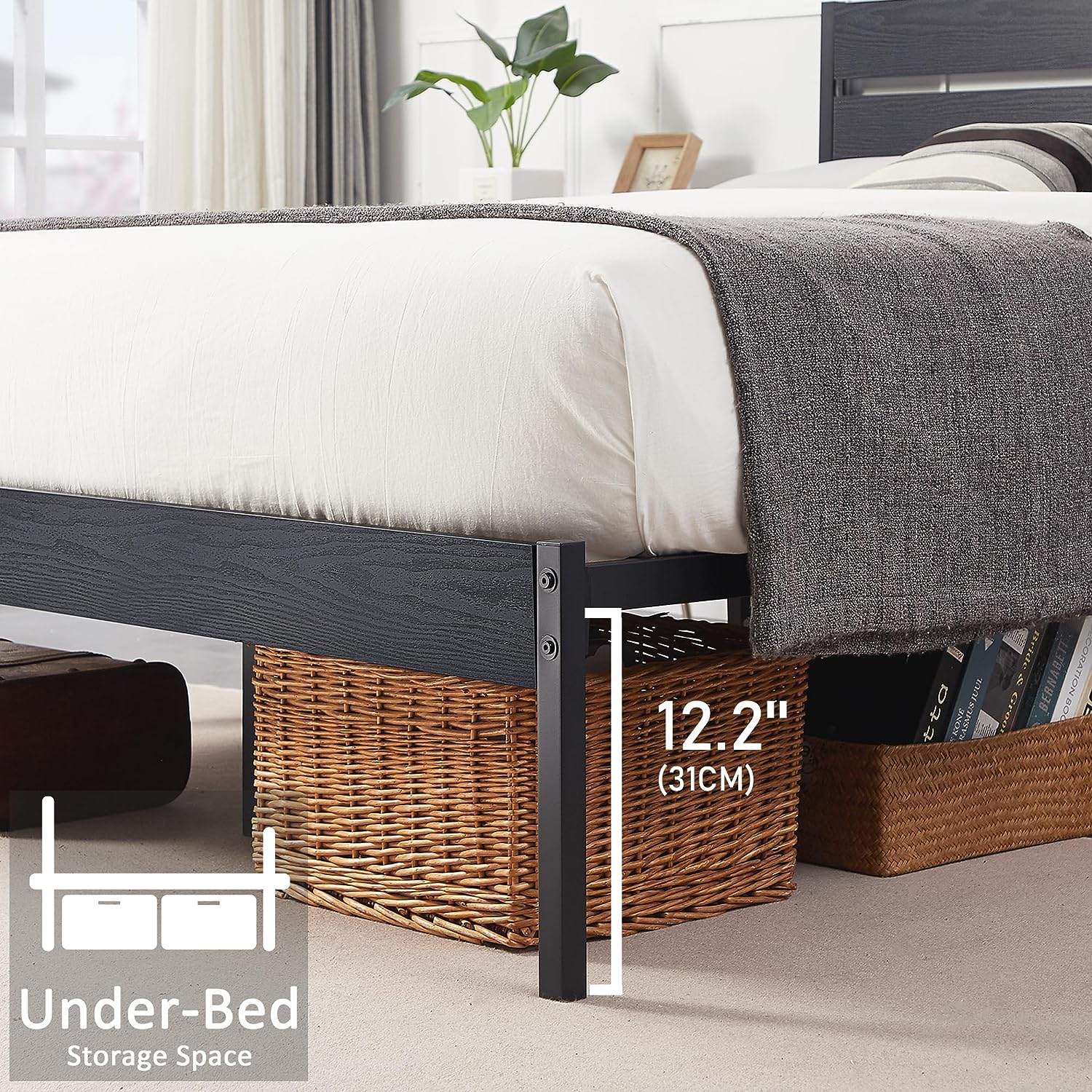 VECELO Platform Bed Frame with Rustic Vintage Wood Headboard/Strong Metal Slats Support