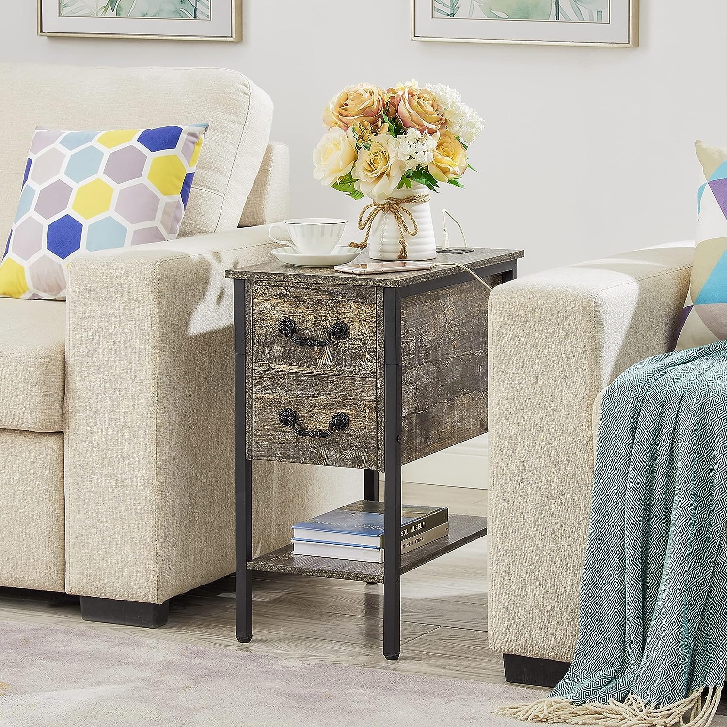 VECELO Tall End Table with Charging Station, Narrow Nightstands with 2 Drawers & USB Ports & Power Outlets