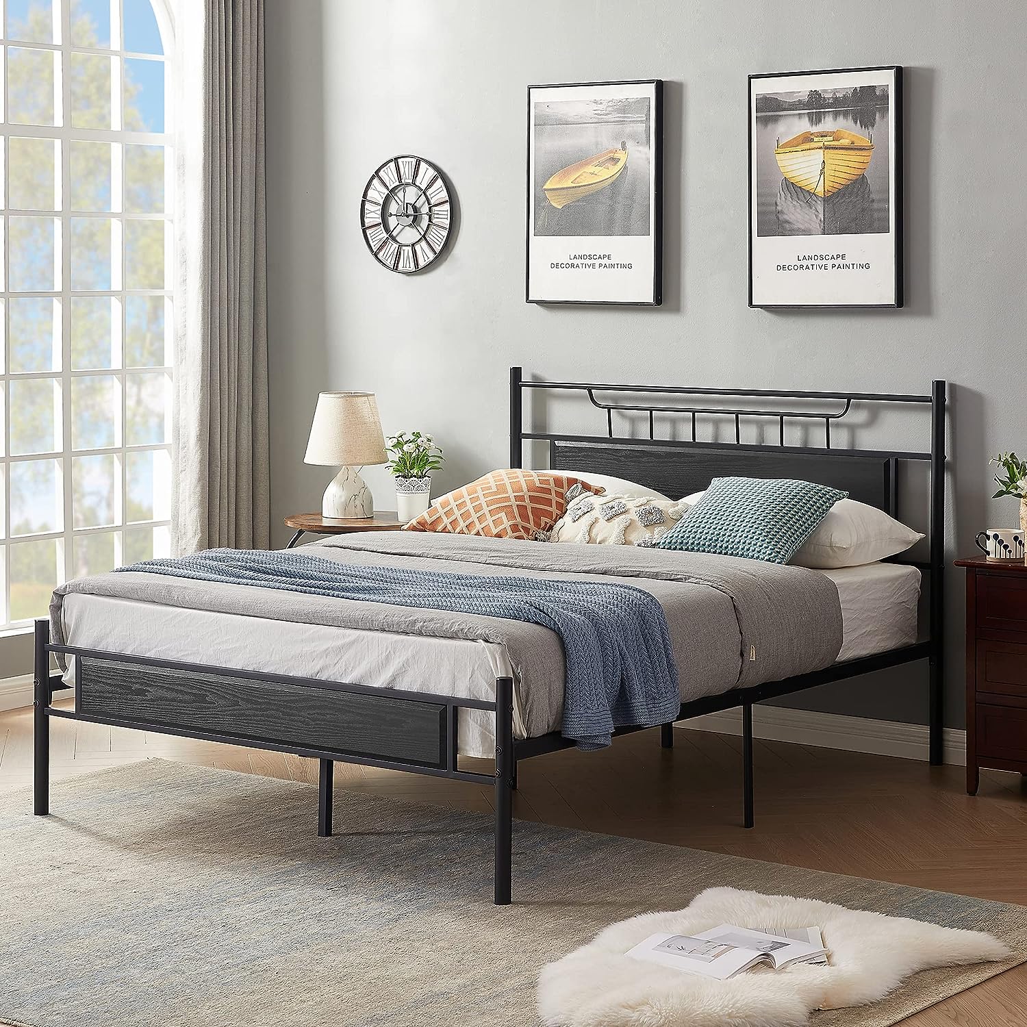 VECELO Platform Bed Frame with Wood Headboard No Box Spring Needed Heavy Duty Steel Slat