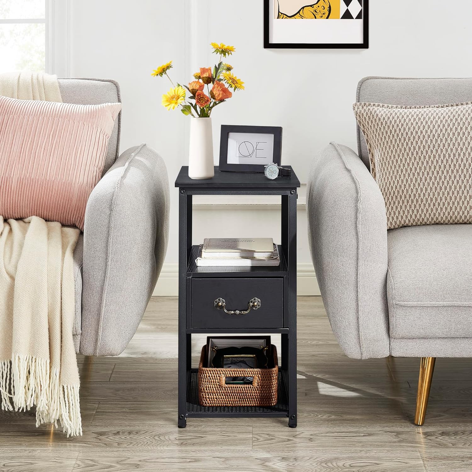 VECELO Tall End/Side Table Modern Narrow Nightstand with Drawer for Bedroom Office Sofa Couch