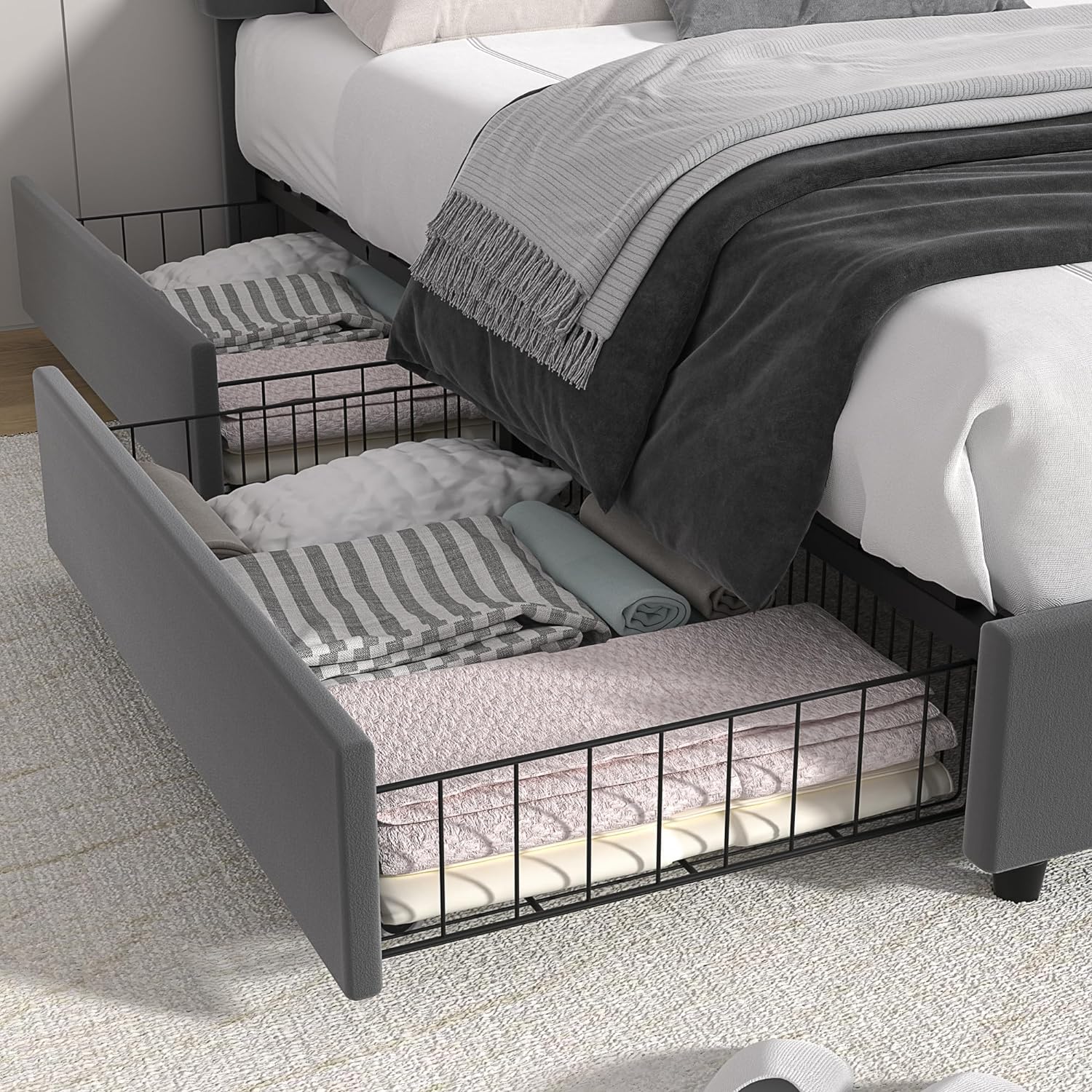 VECELO Upholstered Bed Frame with 4 Drawers and Adjustable Headboard