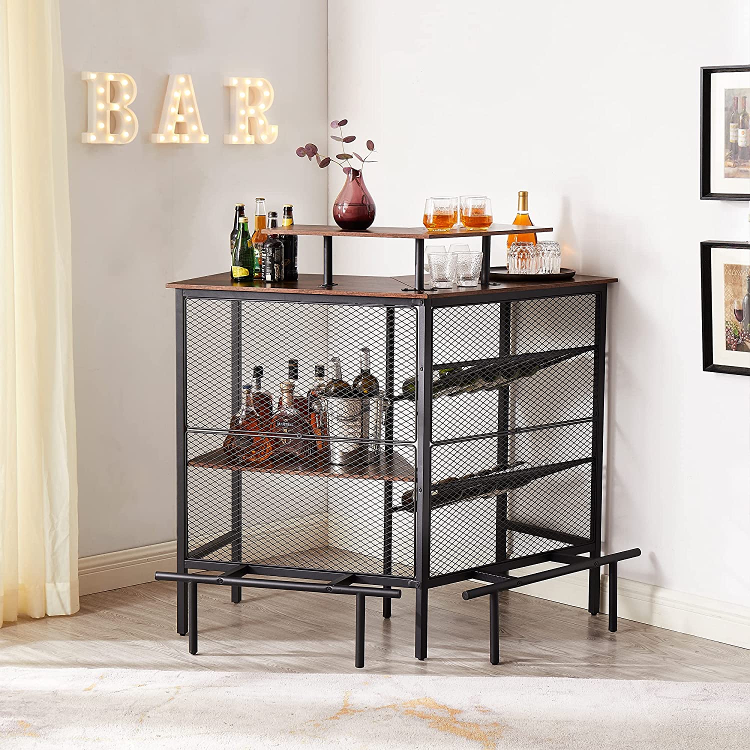 VECELO Bar Unit, 3 Tier Liquor Cabinet with Metal Mesh Front, 41.3 Inch Corner Stand Table with Footrest & Storage Shelves for Home/Kitchen/Pub