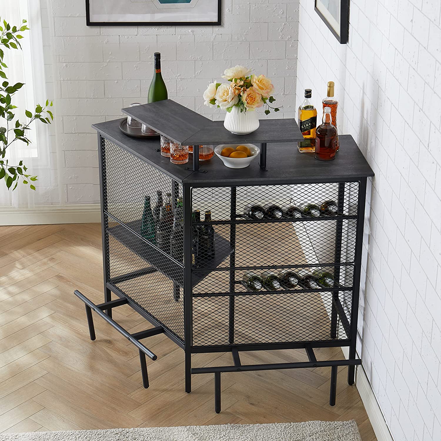 VECELO Bar Unit, 3 Tier Liquor Cabinet with Metal Mesh Front - VECELO