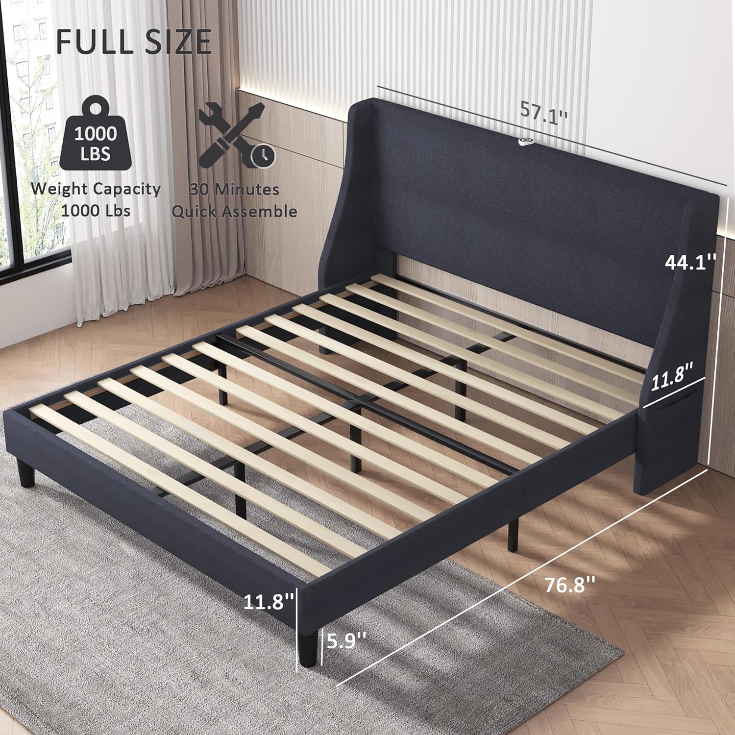 VECELO Bed Frame with Upholstered Wingback Headboard - VECELO