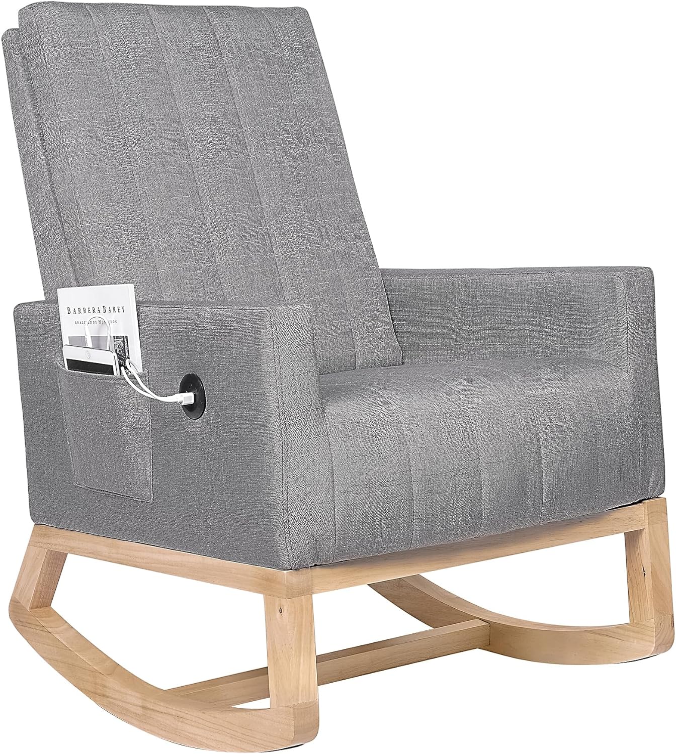 VECELO Rocking Chair Upholstered Nursery Glider Rocker High Backrest Comfy Armchair with Side Pocket and USB Port