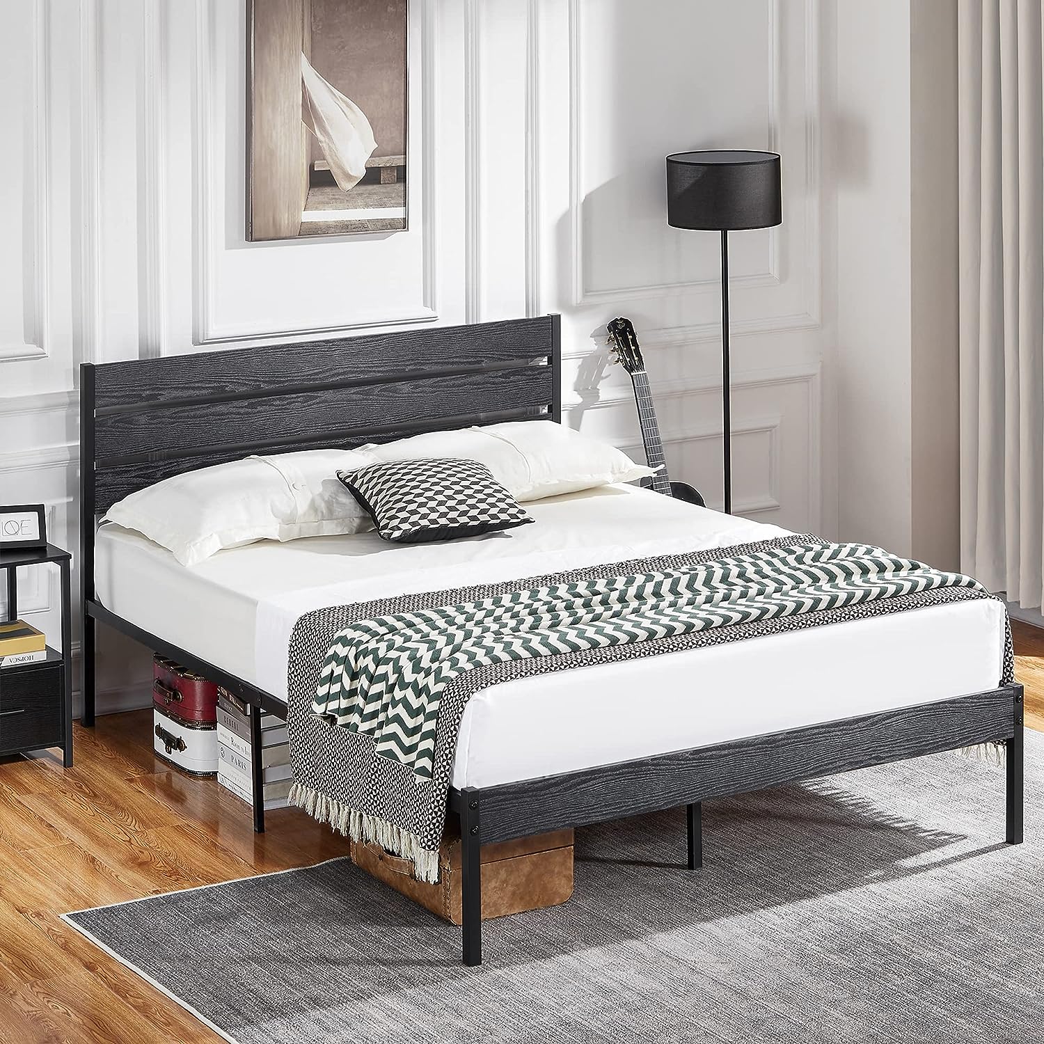 VECELO Platform Bed Frame with Rustic Vintage Wood Headboard/Strong Metal Slats Support