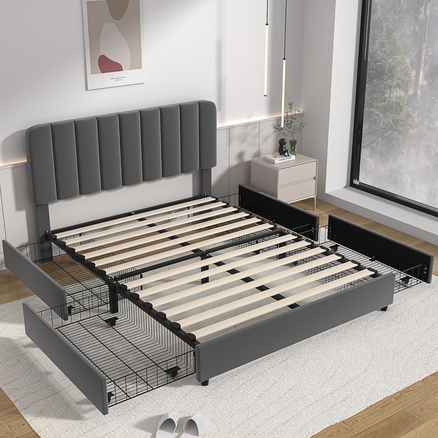 VECELO Upholstered Bed Frame with 4 Drawers and Adjustable Headboard