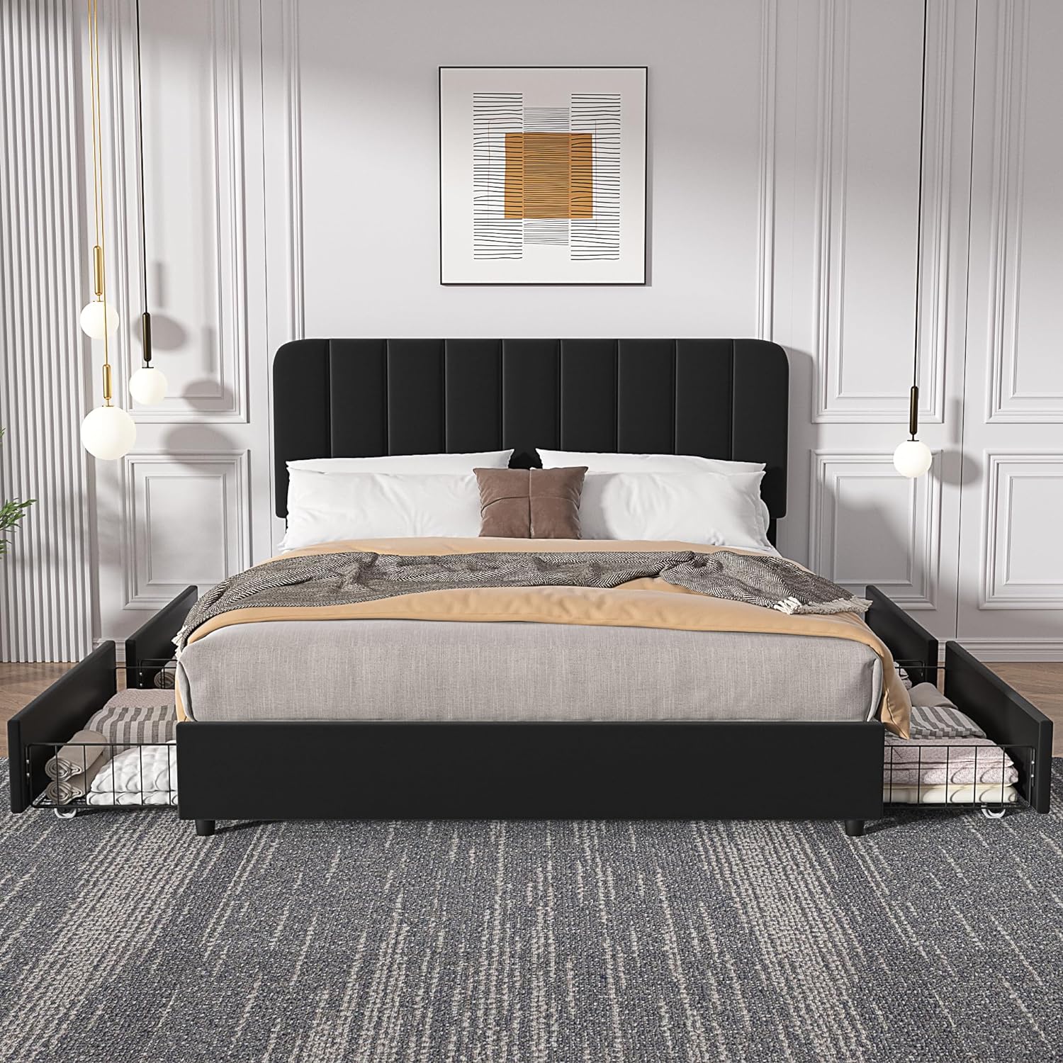 VECELO Upholstered Bed Frame with 4 Drawers and Adjustable Headboard