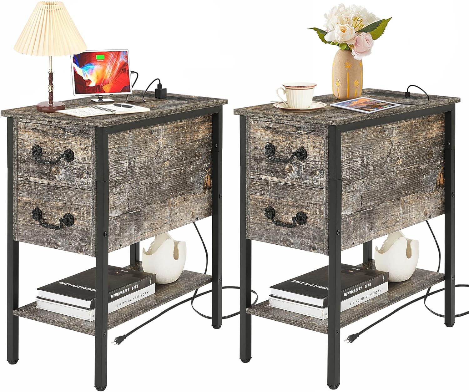 VECELO End Tables,Narrow Nightstands with Charging Station & USB Ports &Drawers