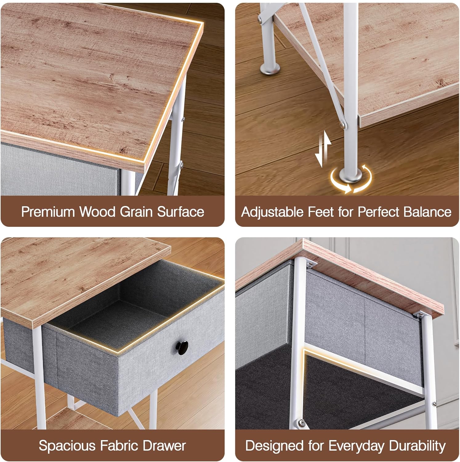 VECELO Nightstand with Drawer, Small Bedside Table with Storage and Adjustable Metal Legs