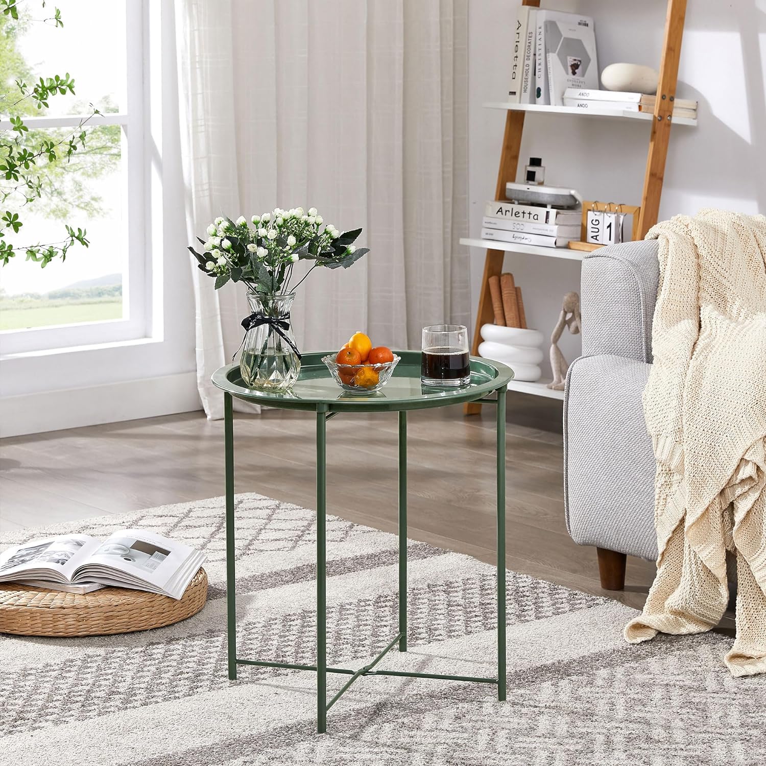 VECELO Metal Round End/Side Table with Removable Tray Small Folding Anti-Rust Nightstand