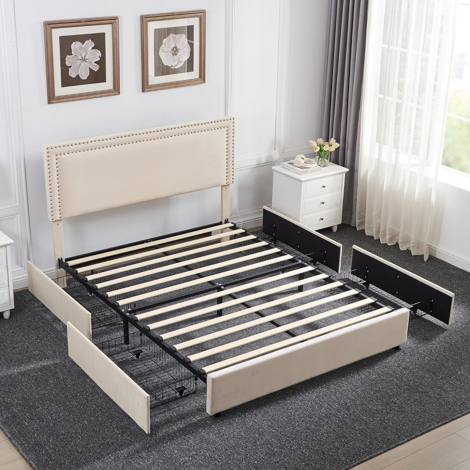 VECELO Upholstered Platform Bed Frame Platform with 4 Storage Drawers
