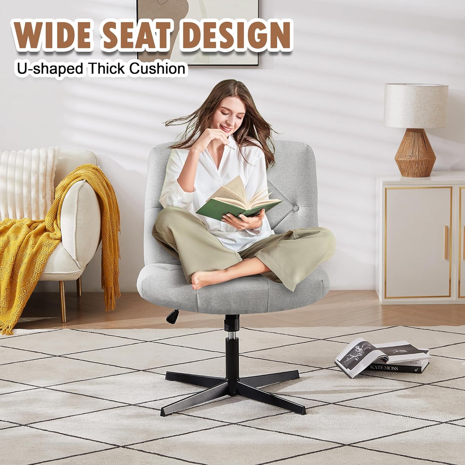 VECELO Criss Cross Armless Office Desk Chair No Wheels Comfy Wide Fabric Padded