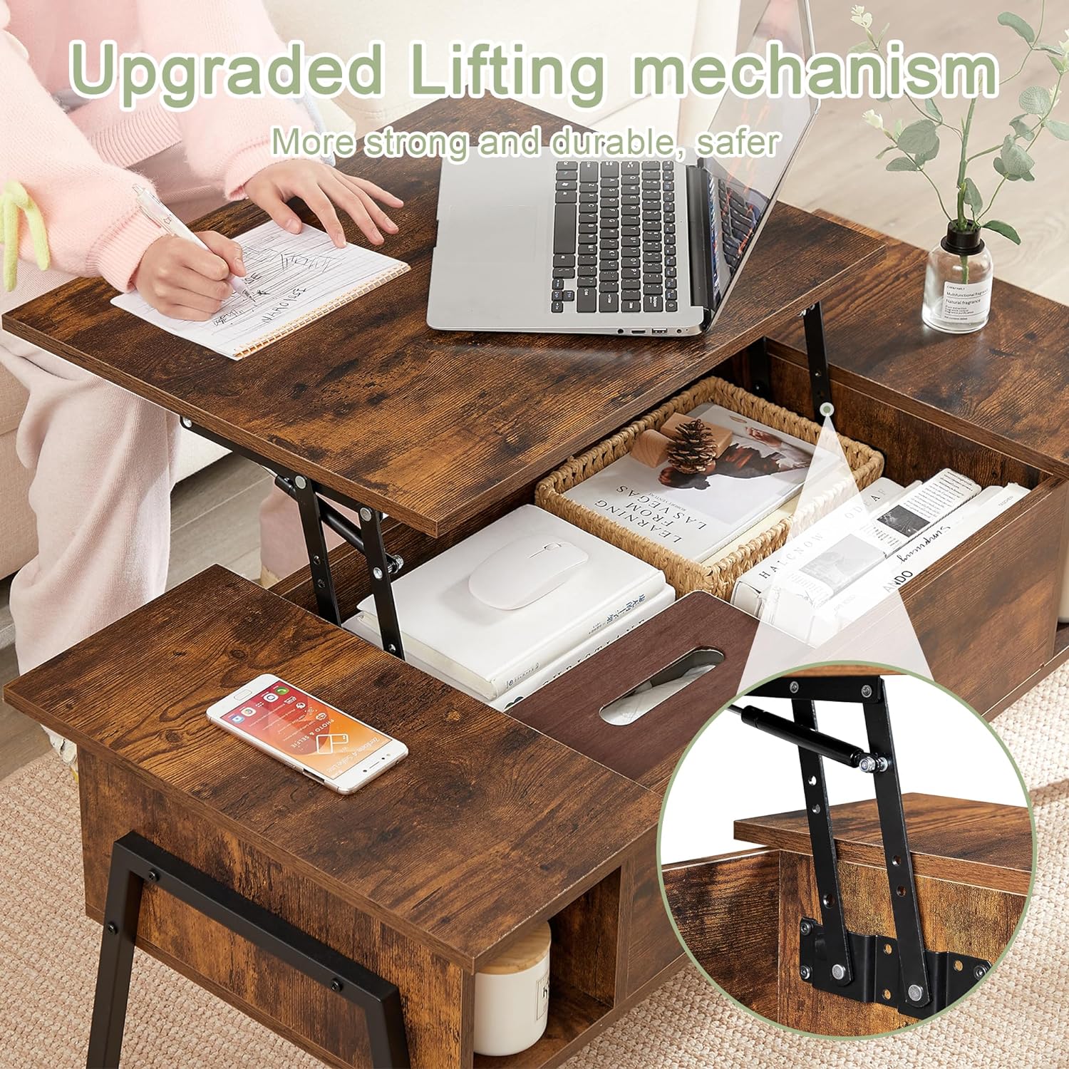 VECELO Wood Lift Top Coffee Table with Hidden Compartment and Storage Shelf