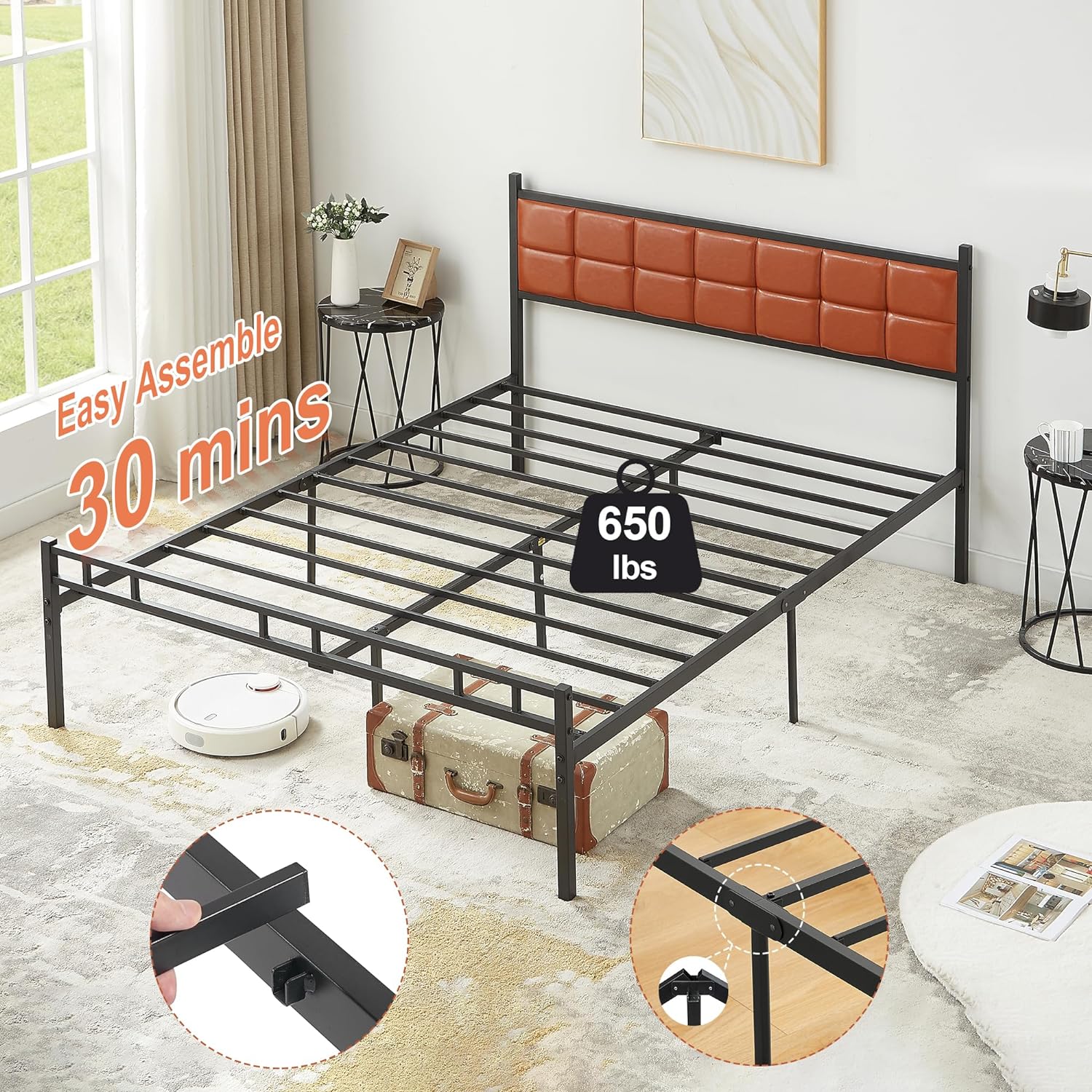 VECELO Bed Frame with PU Upholstered Headboard Metal Slats Support, No Box Spring Needed