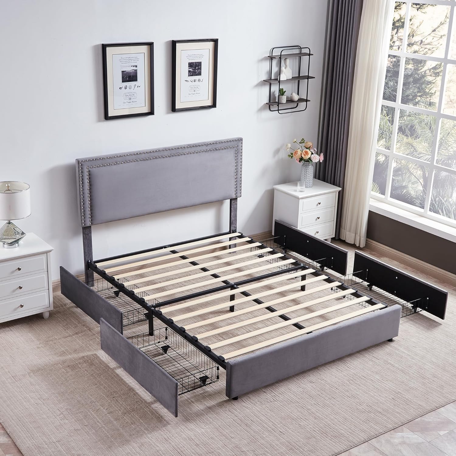 VECELO Upholstered Platform Bed Frame Platform with 4 Storage Drawers