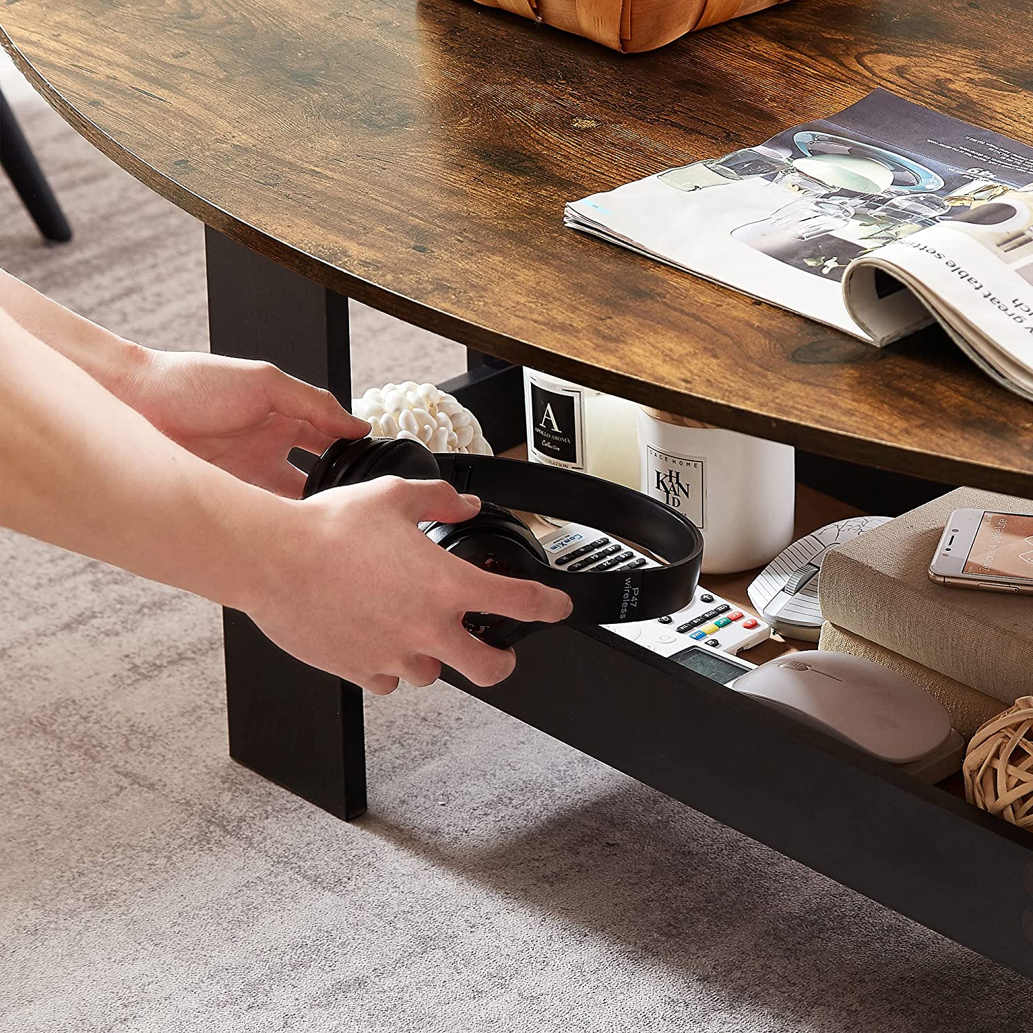 VECELO Coffee Table for Living Room with Storage Compartment Shelf, Rustic Brown