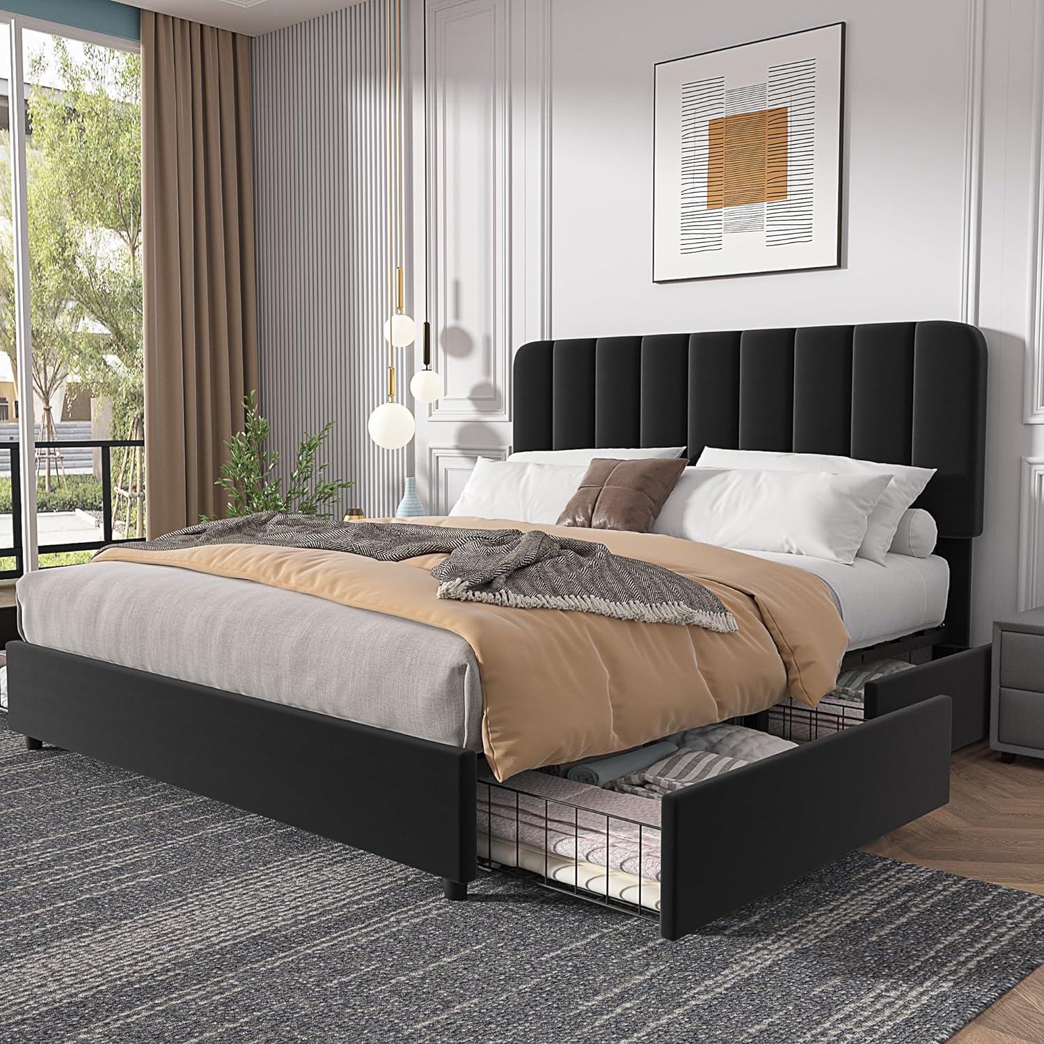 VECELO Upholstered Bed Frame with 4 Drawers and Adjustable Headboard