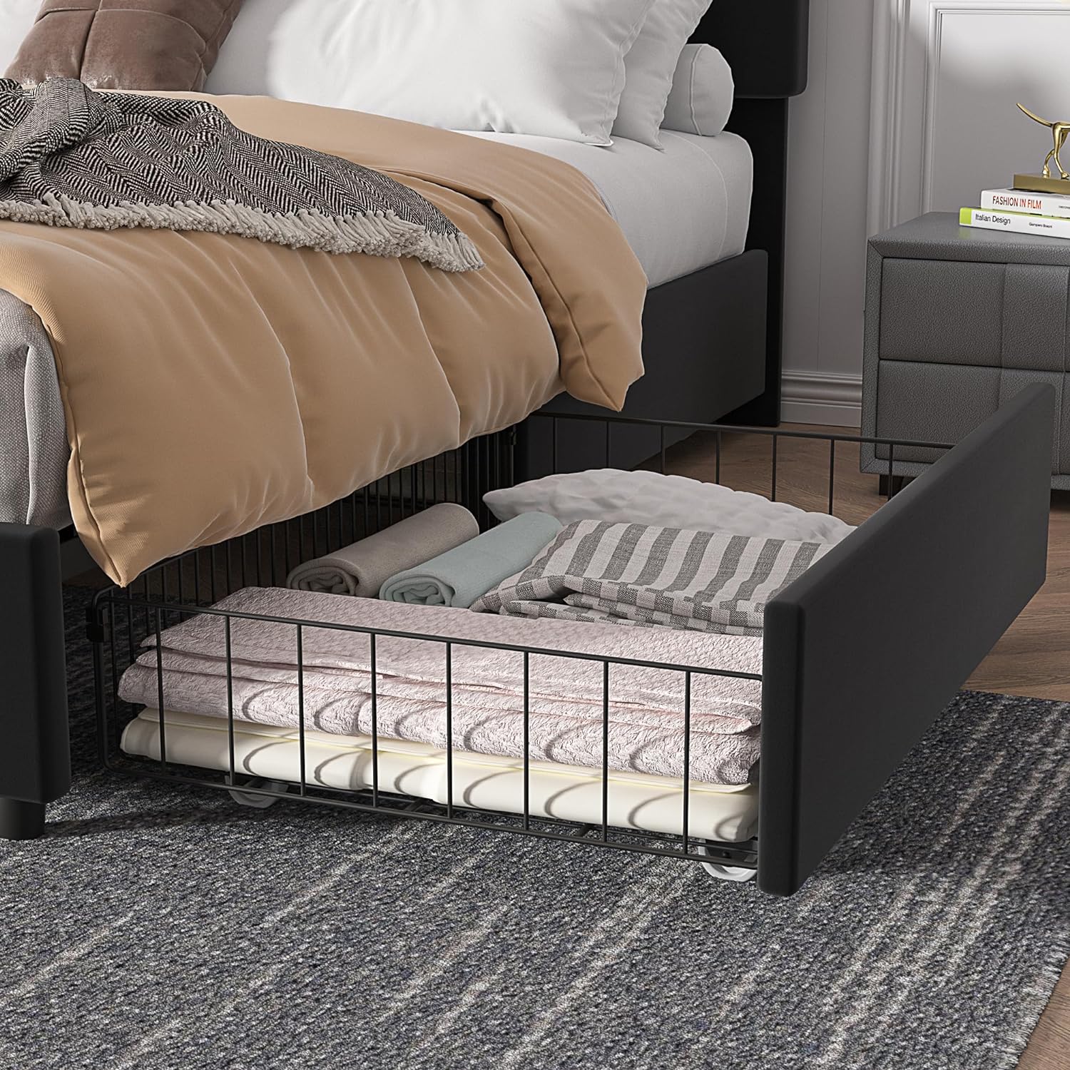 VECELO Upholstered Bed Frame with 4 Drawers and Adjustable Headboard