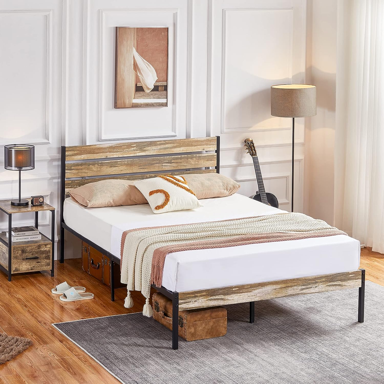 VECELO Platform Bed Frame with Rustic Vintage Wood Headboard/Strong Metal Slats Support