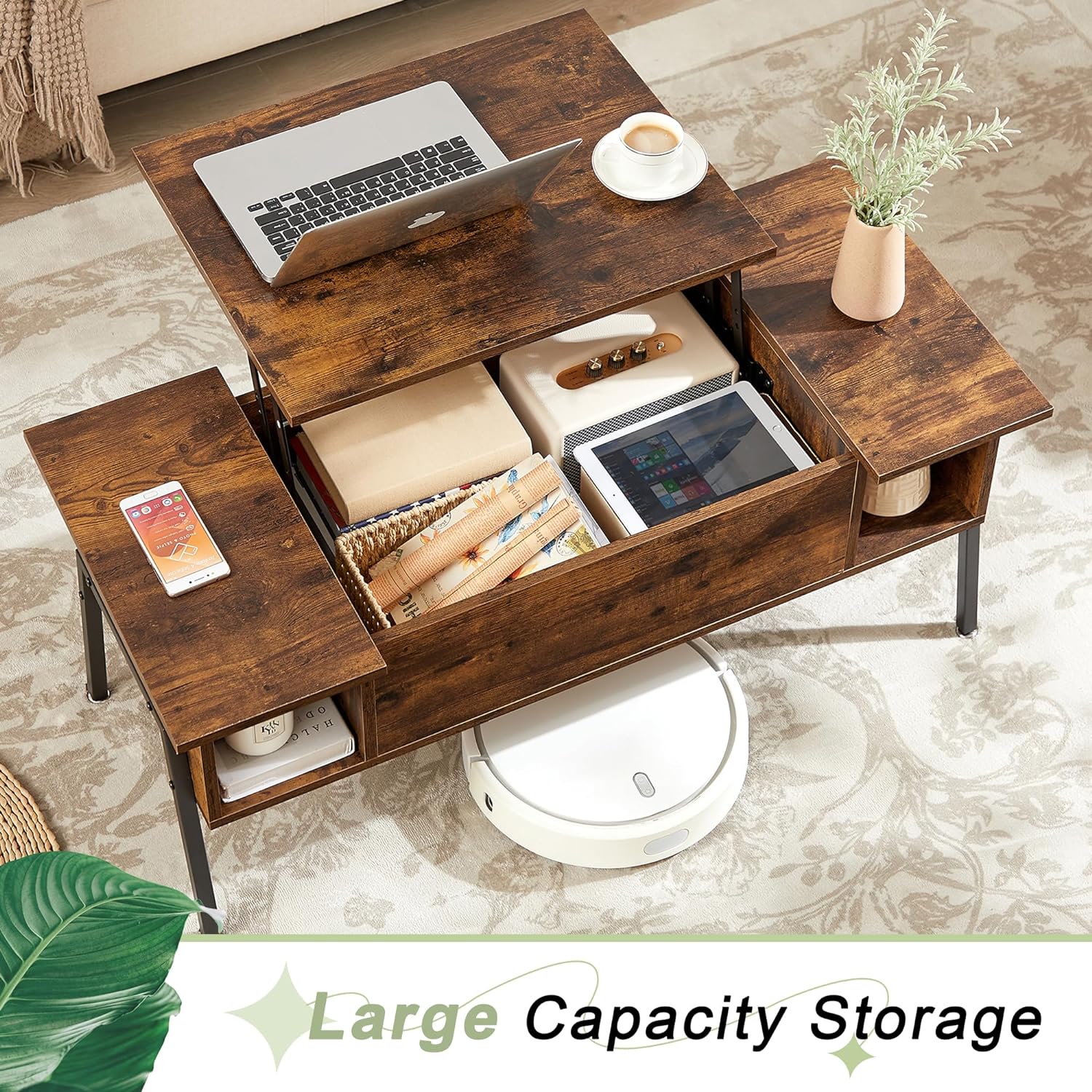 VECELO Wood Lift Top Coffee Table with Hidden Compartment and Storage Shelf